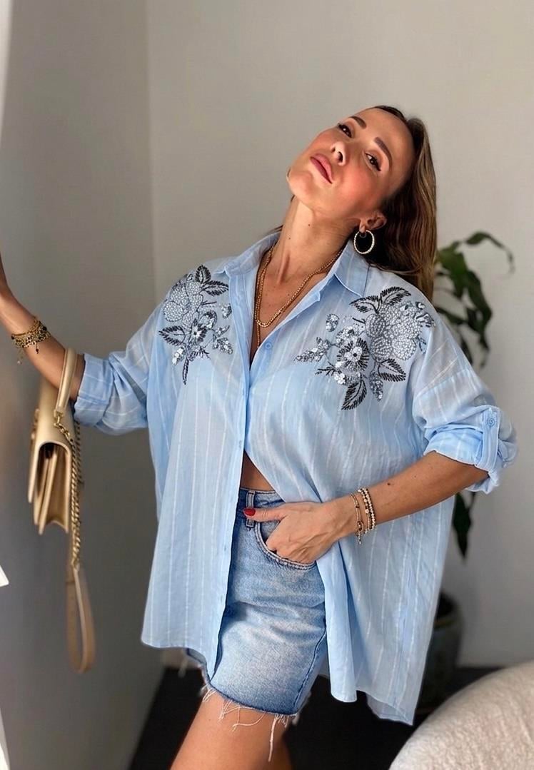 Pul ve Boncuk İşlemeli Flora Gömlek Mavi