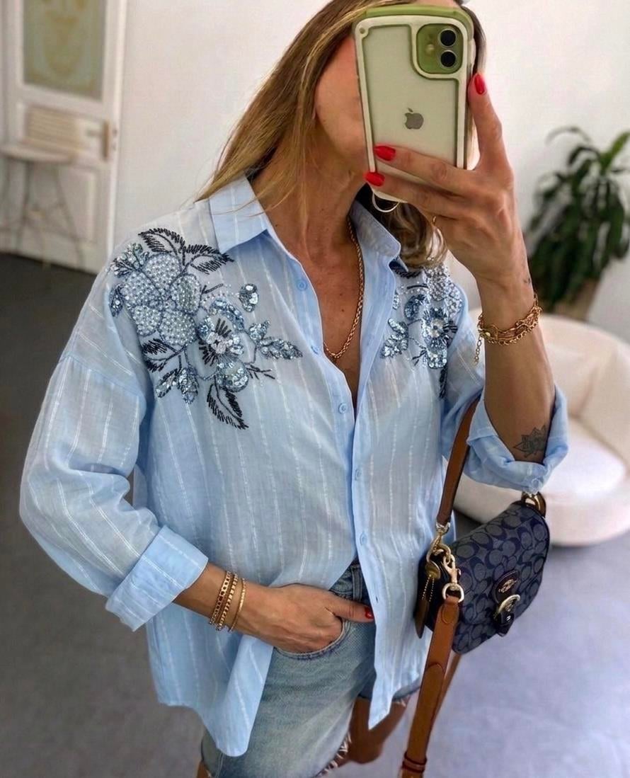 Pul ve Boncuk İşlemeli Flora Gömlek Mavi