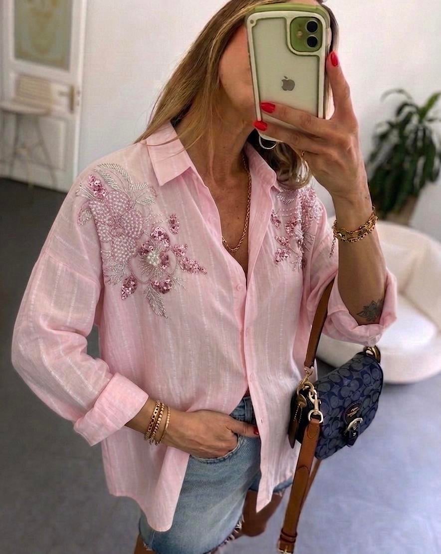 Pul ve Boncuk İşlemeli Flora Gömlek Pembe
