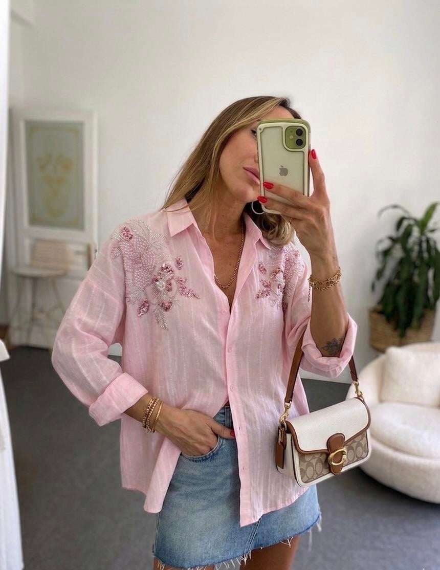 Pul ve Boncuk İşlemeli Flora Gömlek Pembe