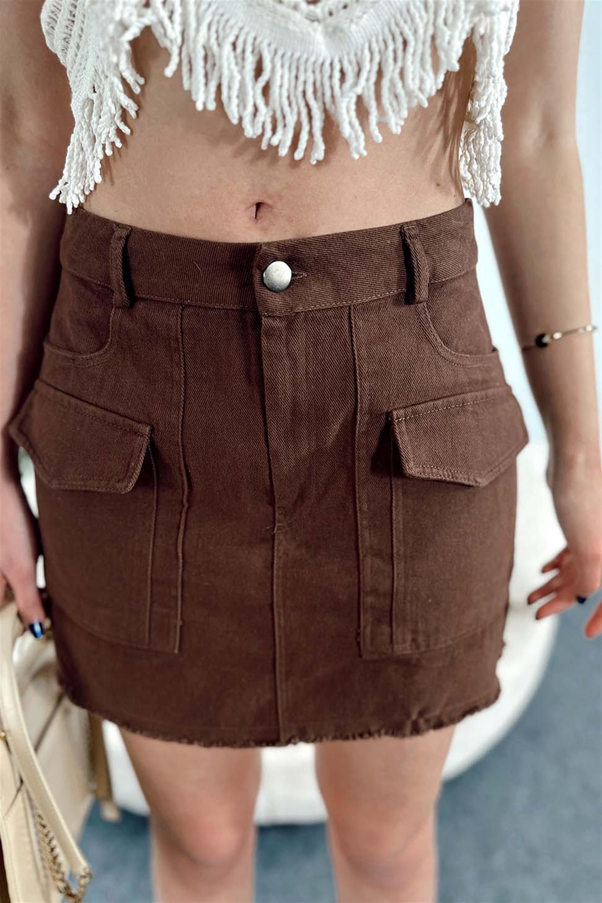 Püskül ve Cep Detay Denim Mini Etek Kahve