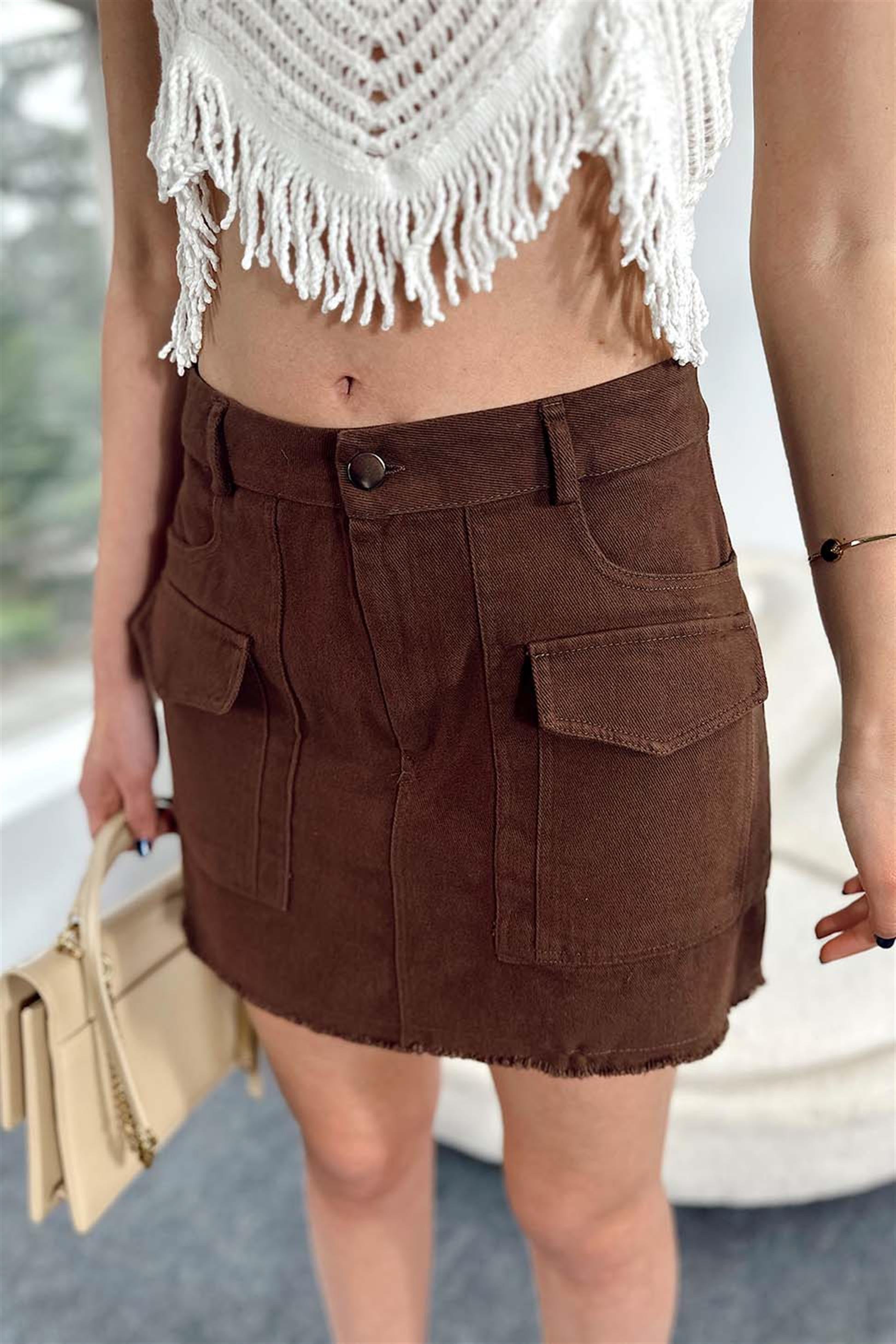Püskül ve Cep Detay Denim Mini Etek Kahve