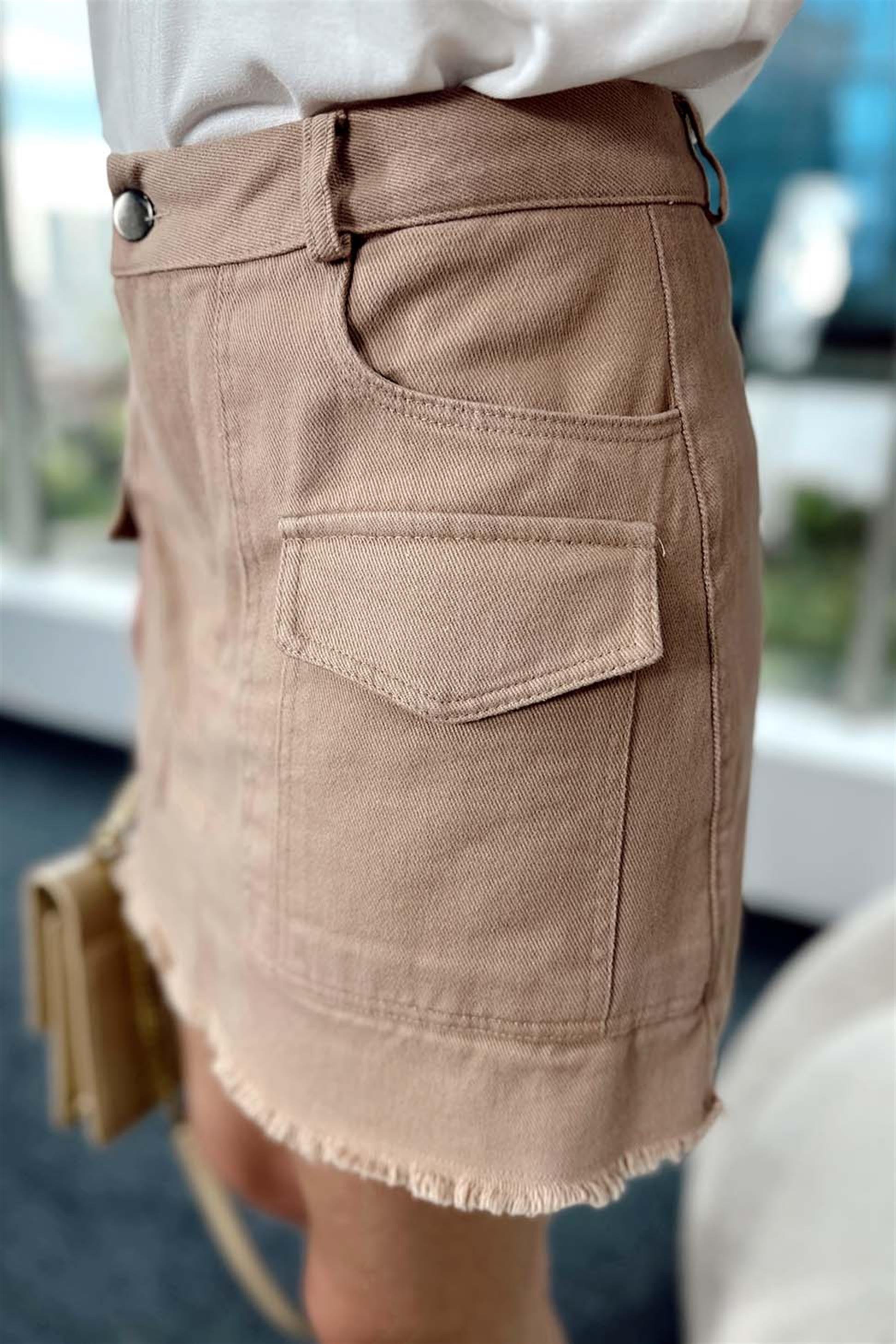 Püskül ve Cep Detay Denim Mini Etek Vizon