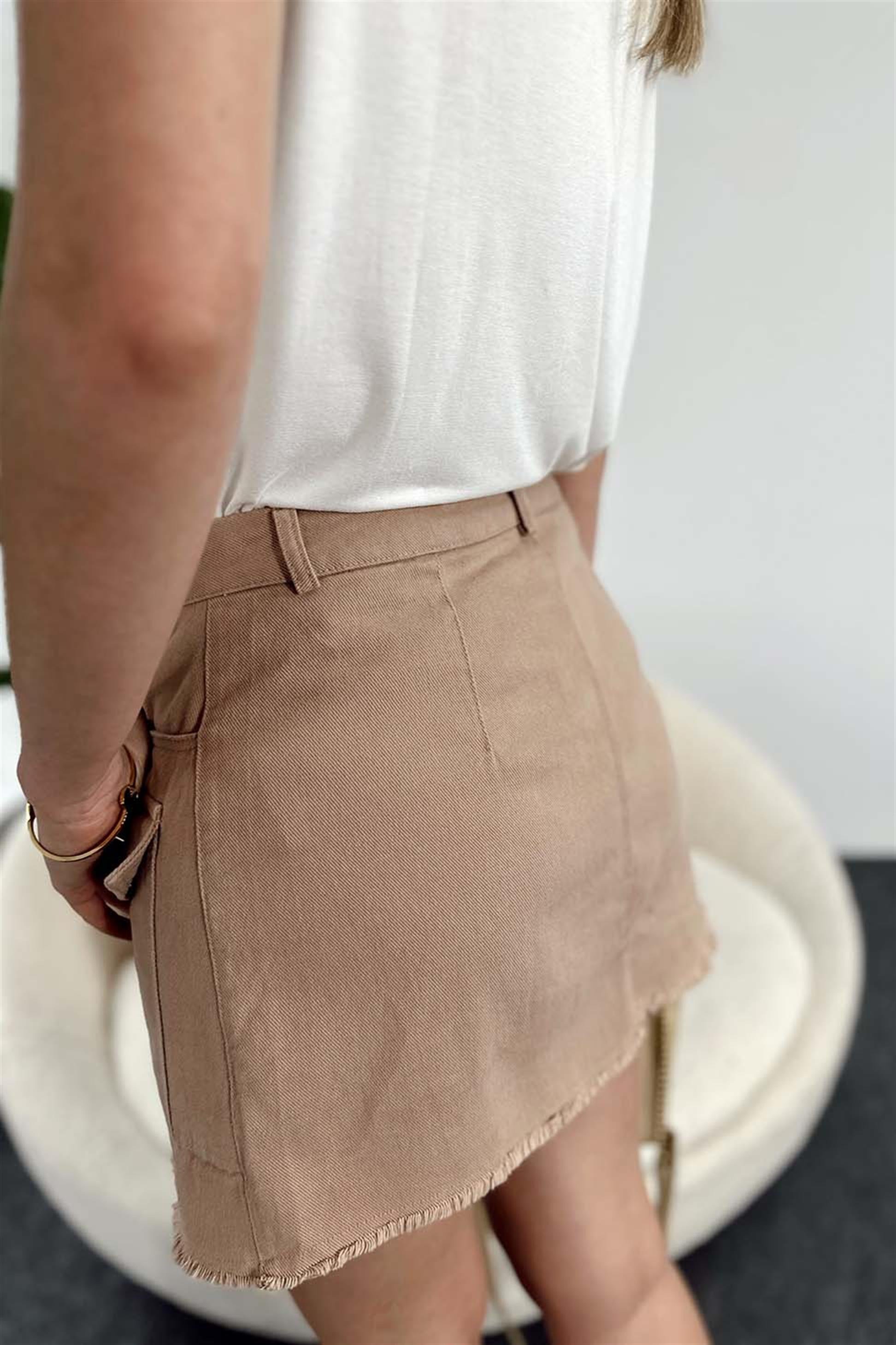 Püskül ve Cep Detay Denim Mini Etek Vizon