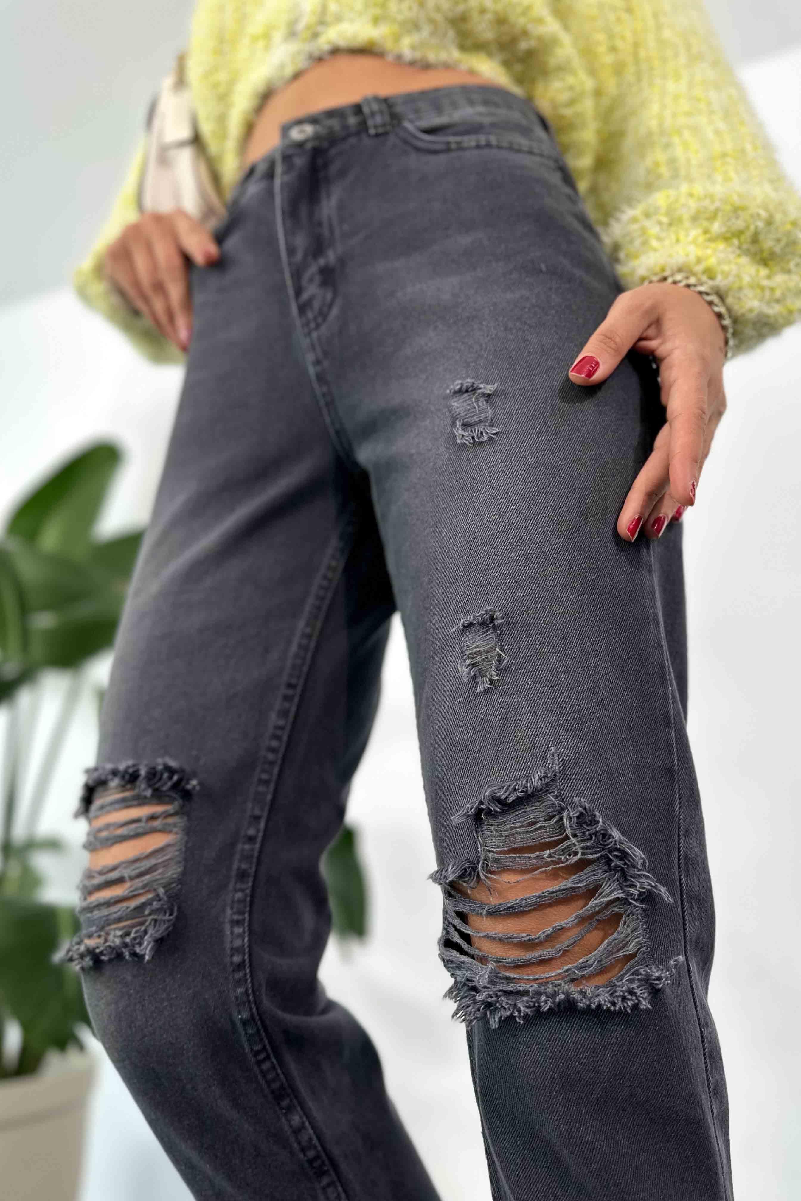 Püsküllü Tasarım Mom Jean Pantolon Füme
