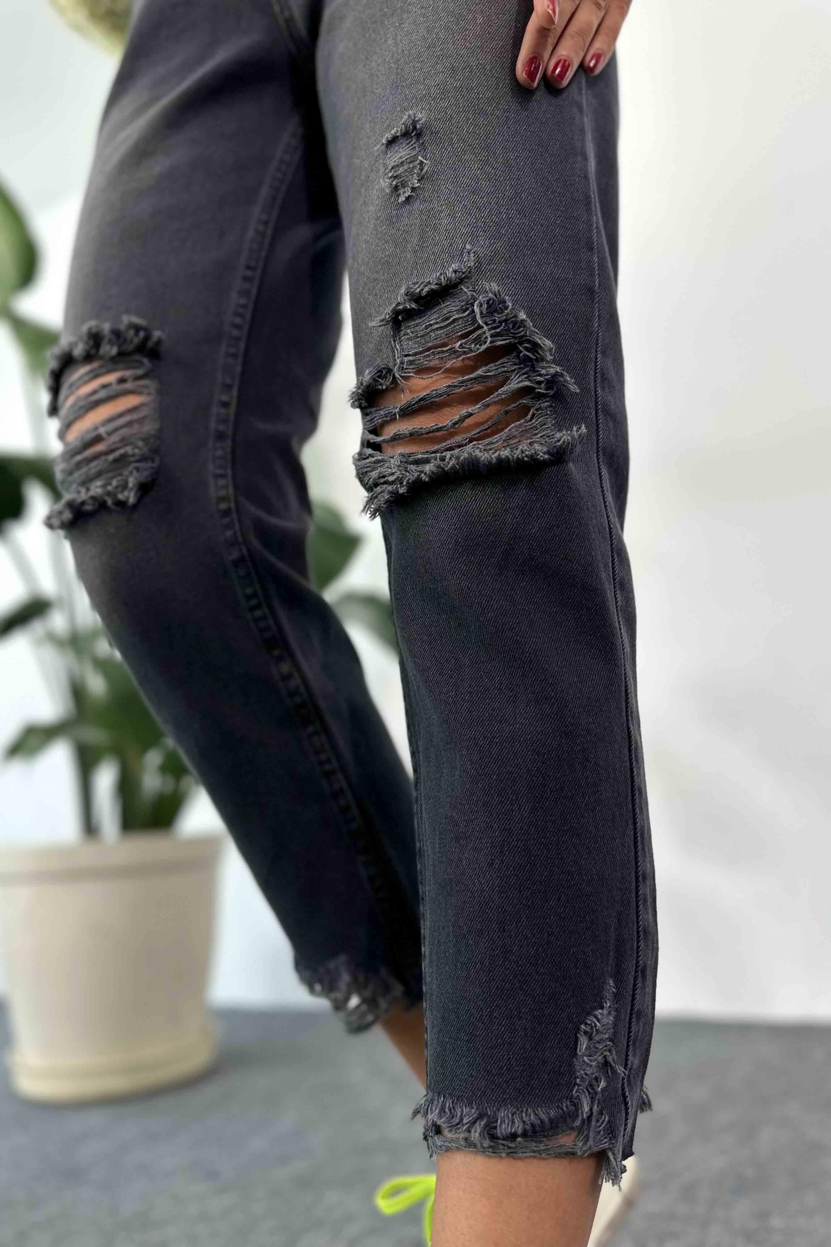 Püsküllü Tasarım Mom Jean Pantolon Füme