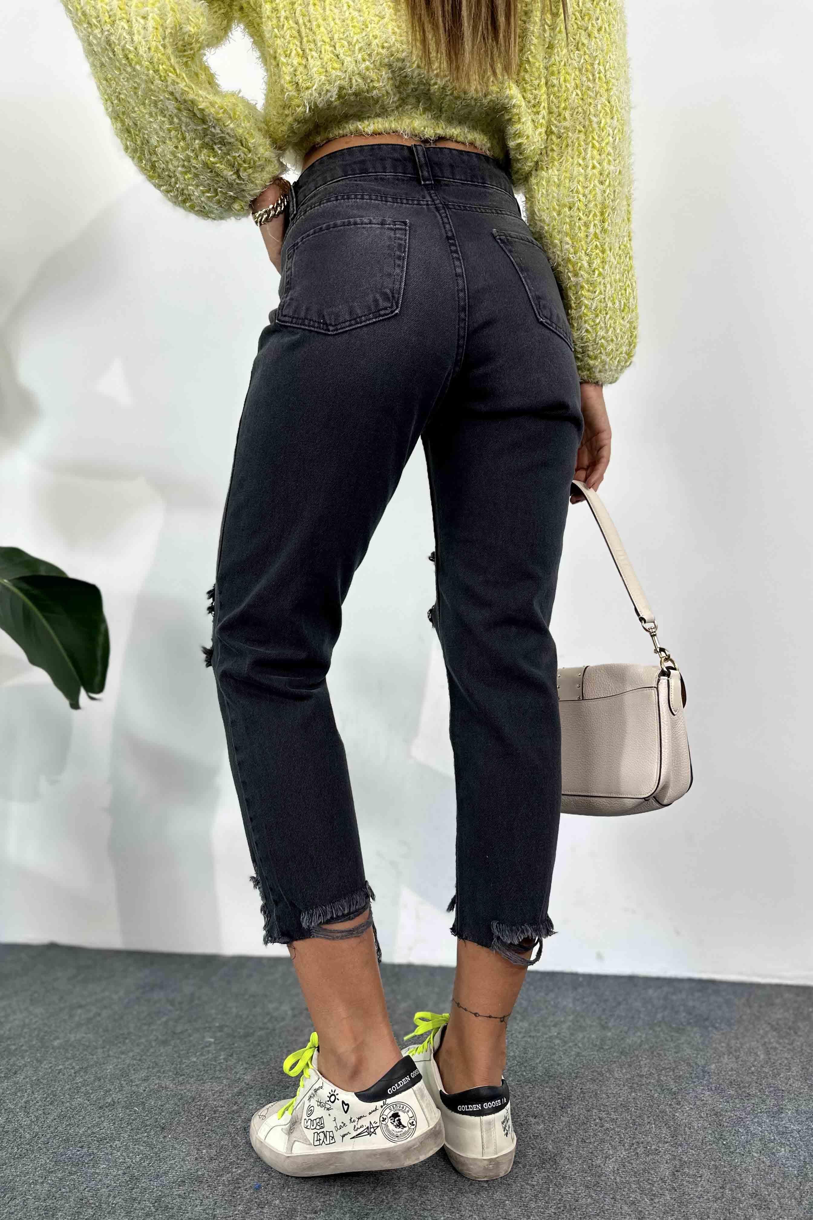 Püsküllü Tasarım Mom Jean Pantolon Füme