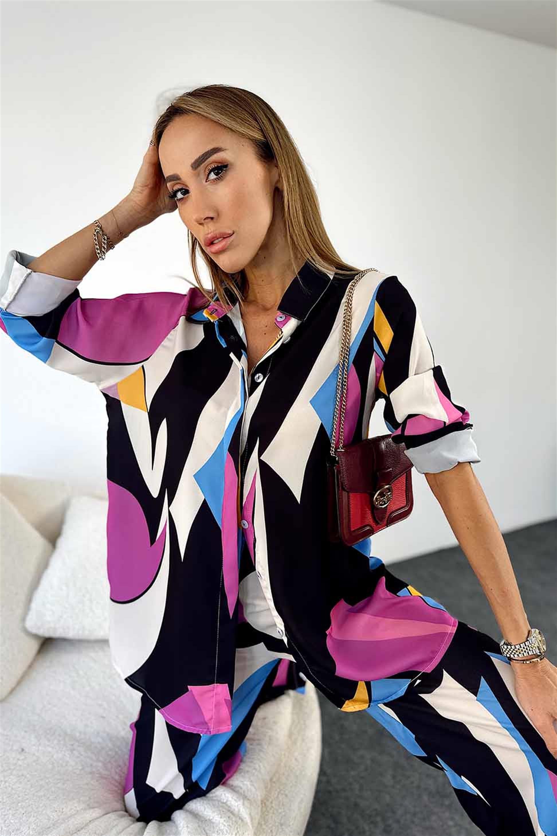 Retro Desen Saten Gömlek Pantolon Kadın Takım Renkli