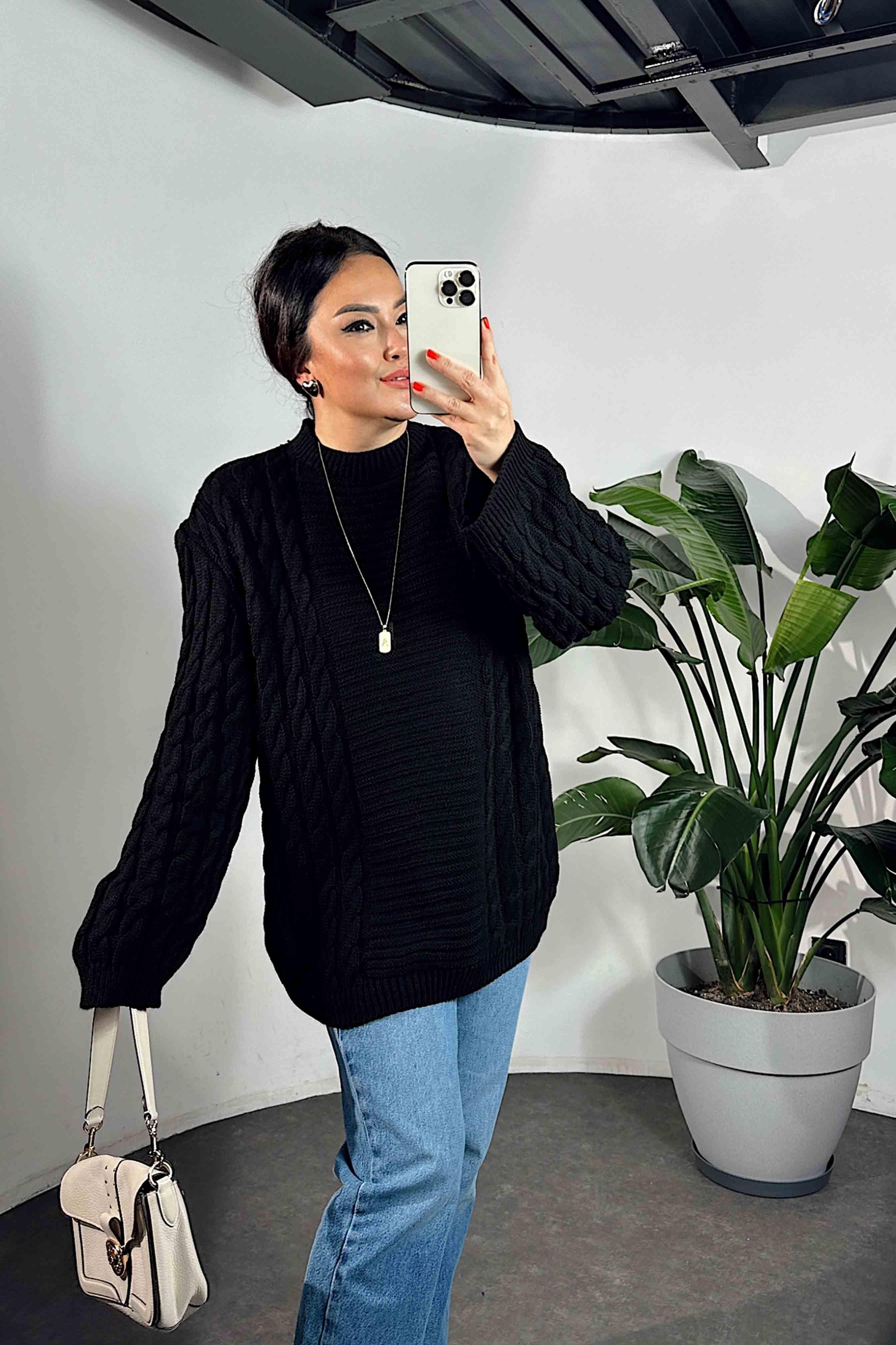 Saç Örgülü Geniş Kol Örme Triko Kazak Siyah