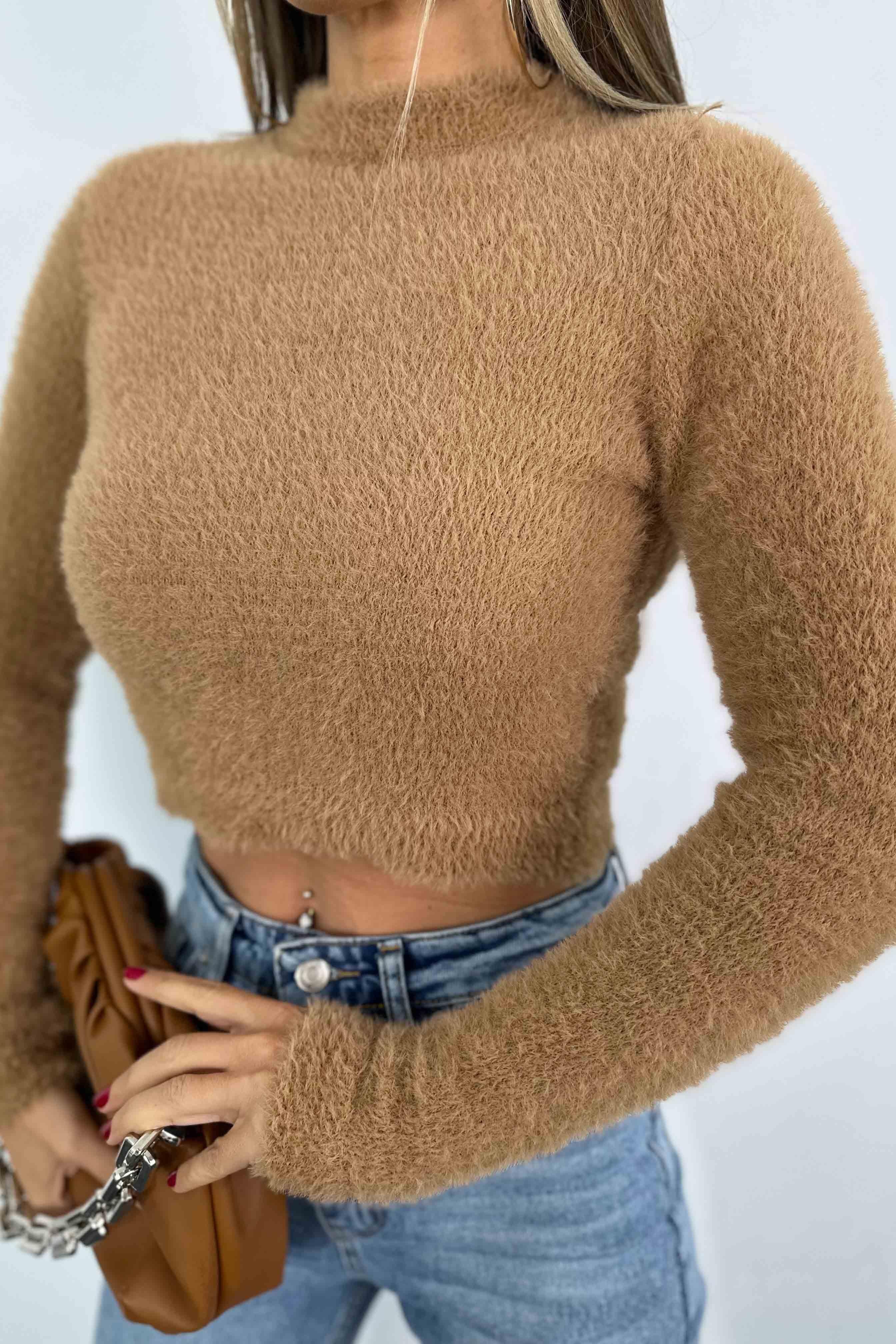 Sakallı Örme Bisiklet Yaka Crop Kazak Camel