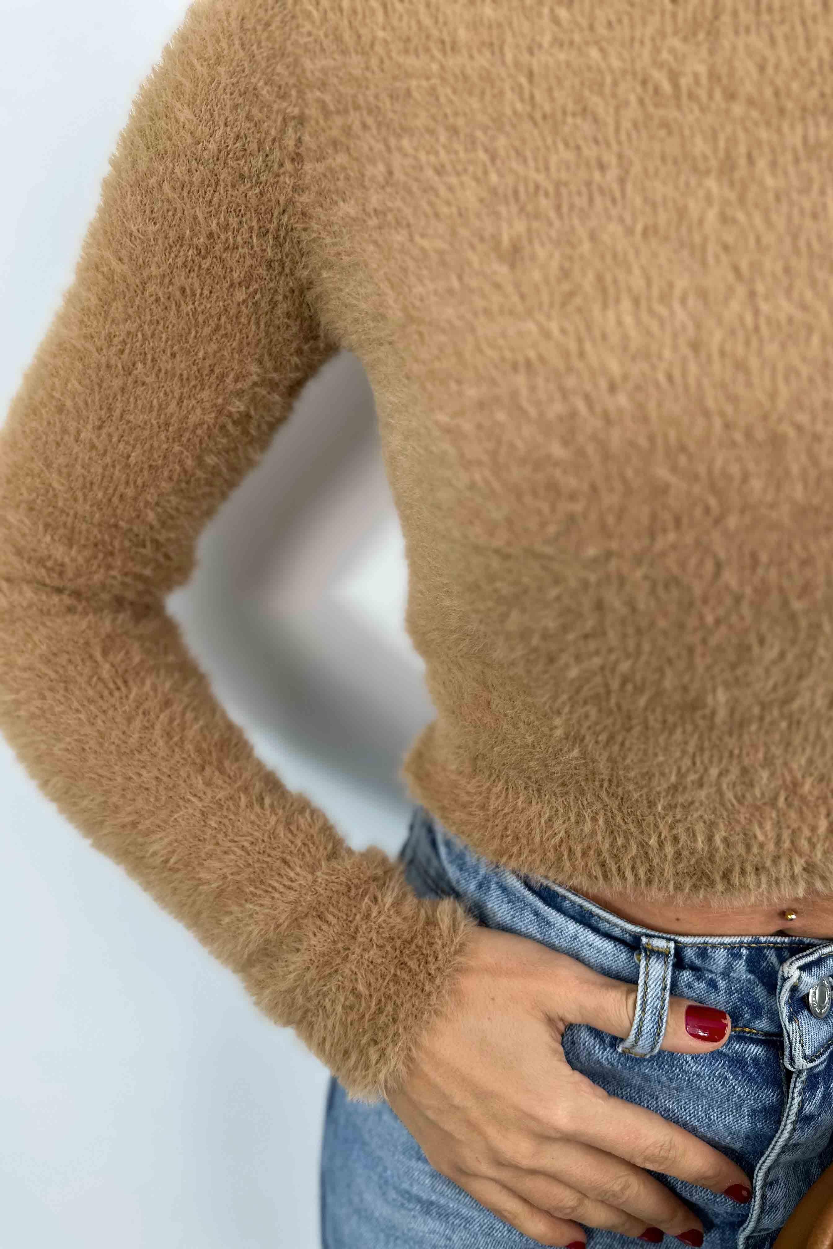 Sakallı Örme Bisiklet Yaka Crop Kazak Camel