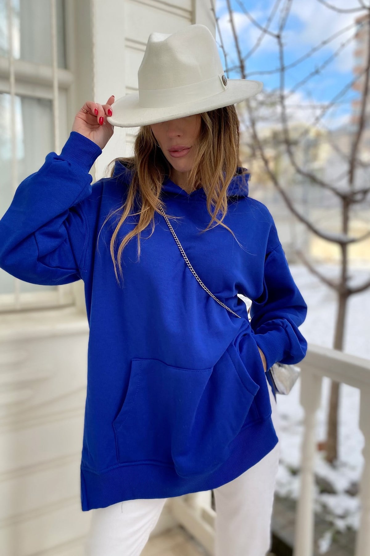 Saks Mavisi Kol Tasarım Yanlar Fermuar Detay Oversize Sweat