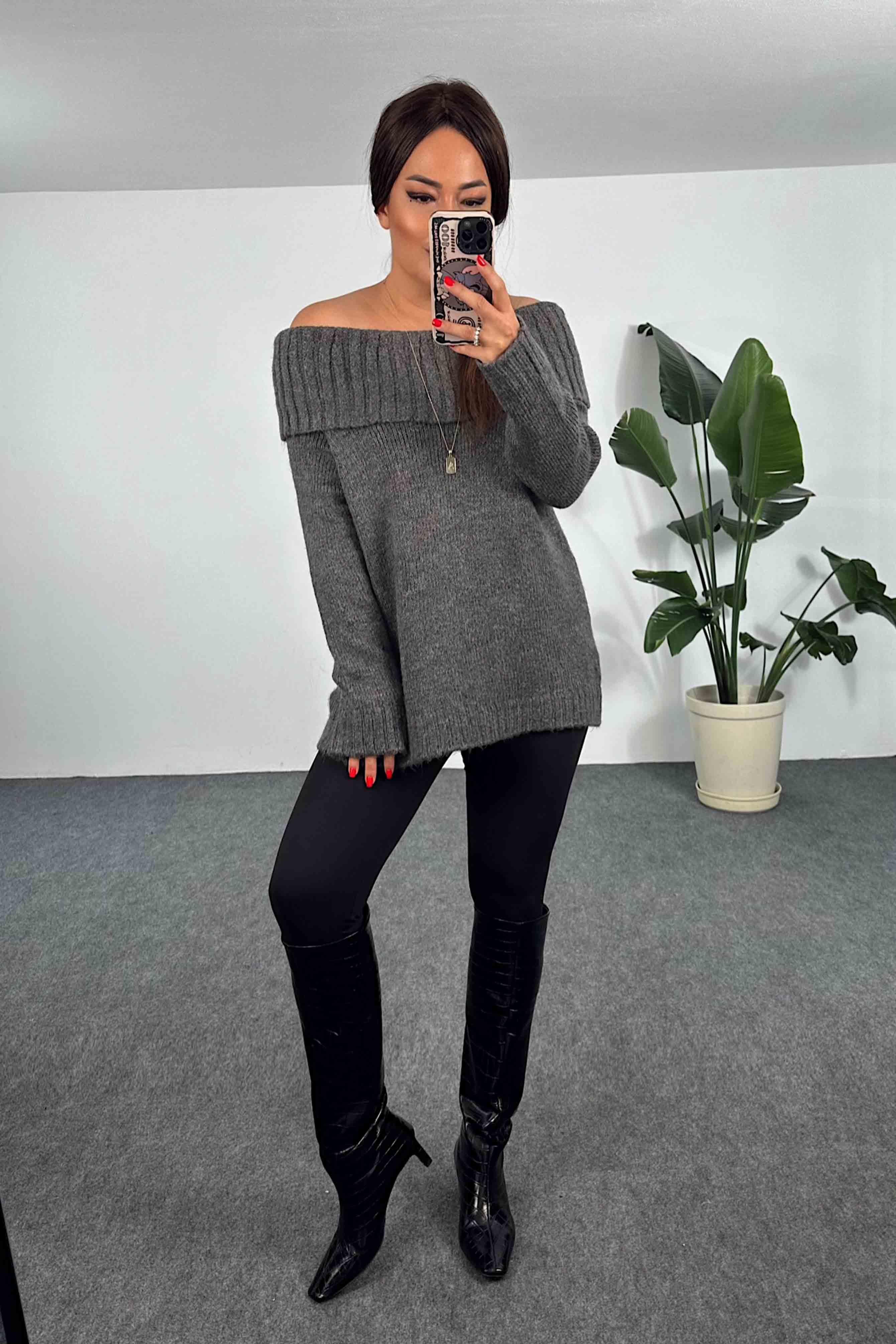 Şal Yaka Kalın Örme Kazak Antrasit