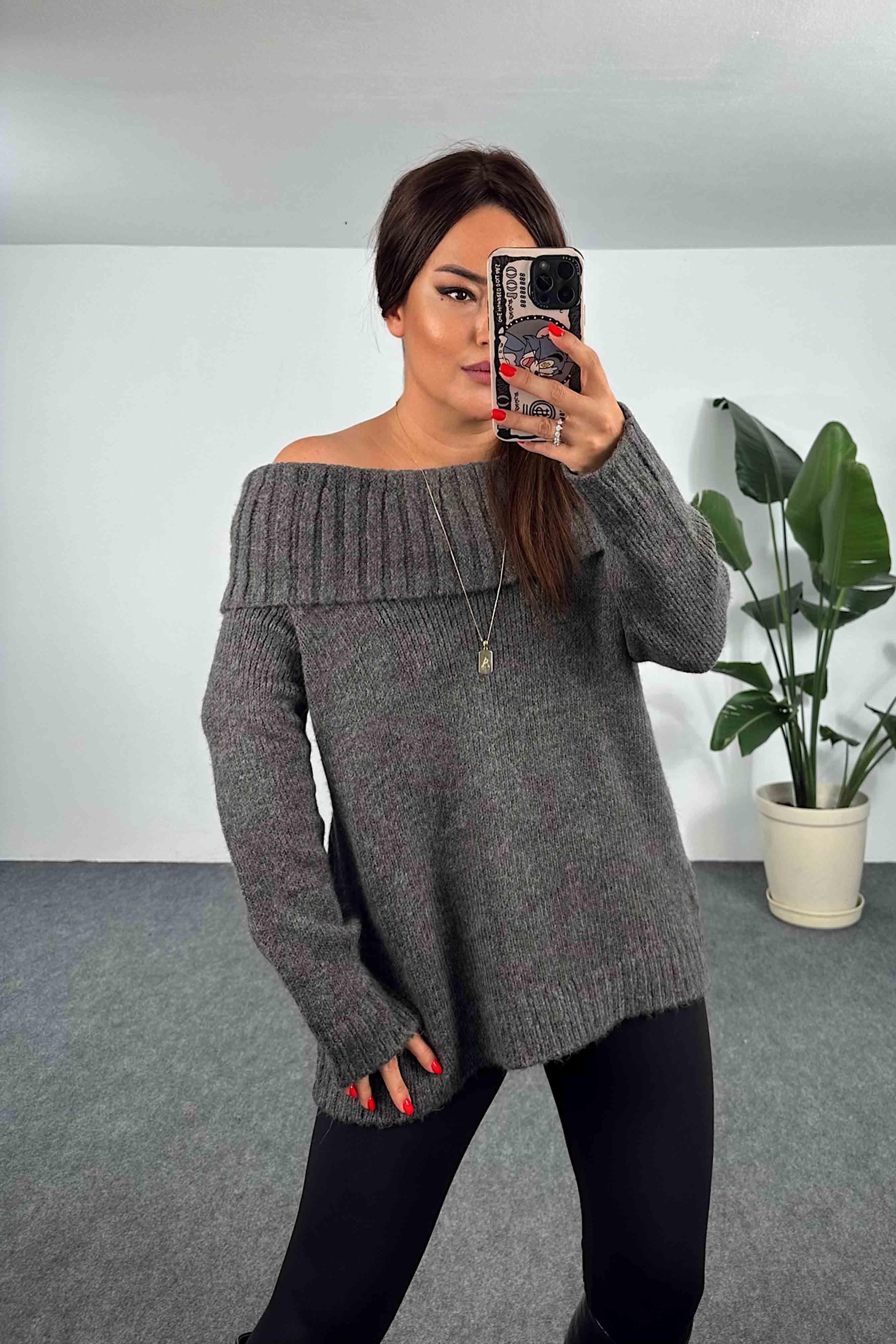 Şal Yaka Kalın Örme Kazak Antrasit