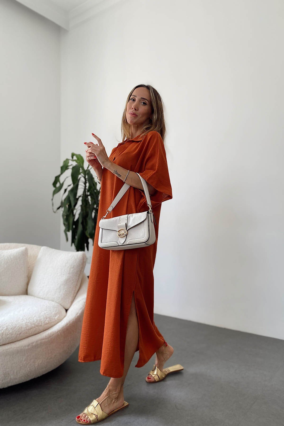 Salaş Polo Yaka Keten Elbise Tarçın