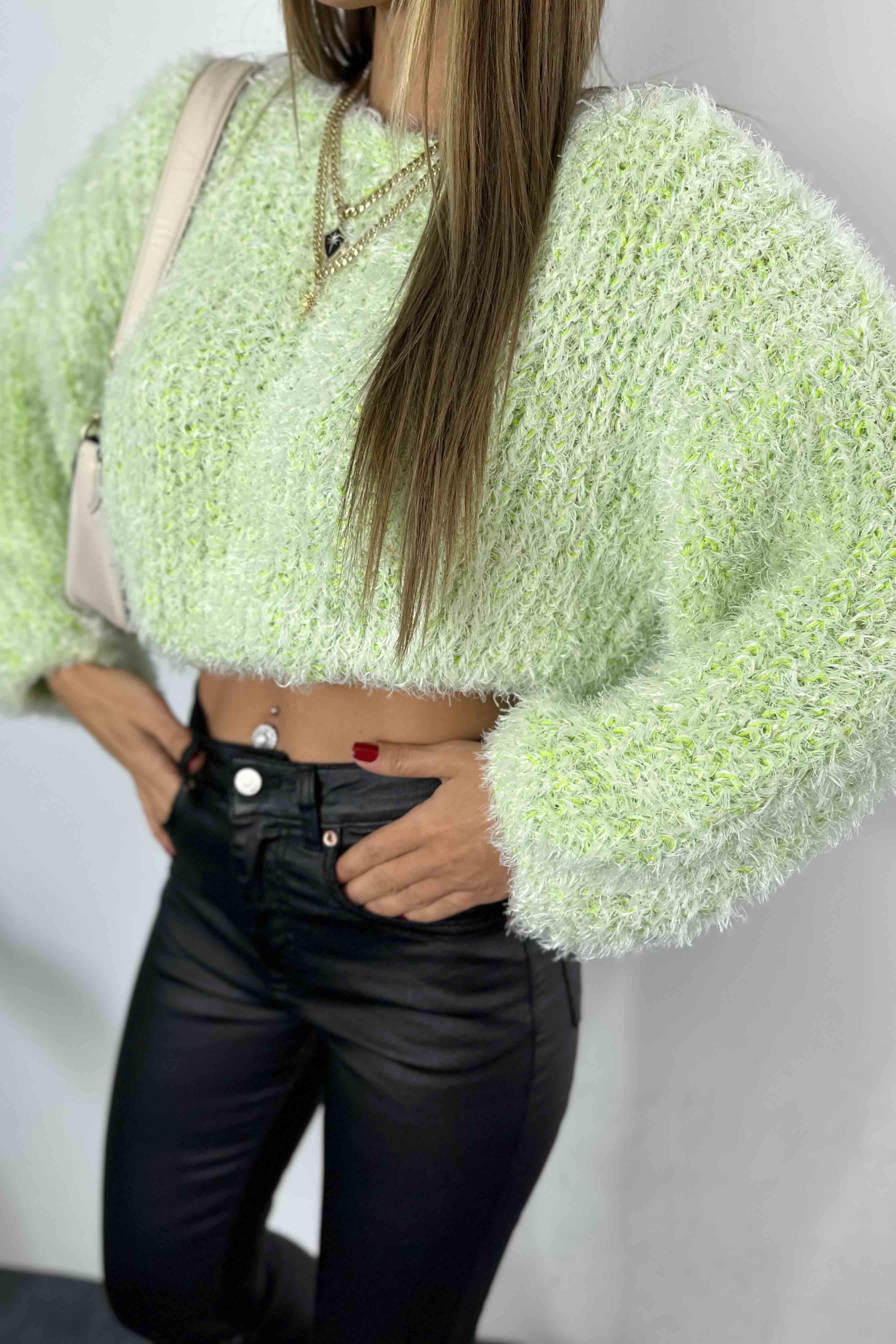Salaş Tasarım Örme Crop Kazak Neon Yeşil