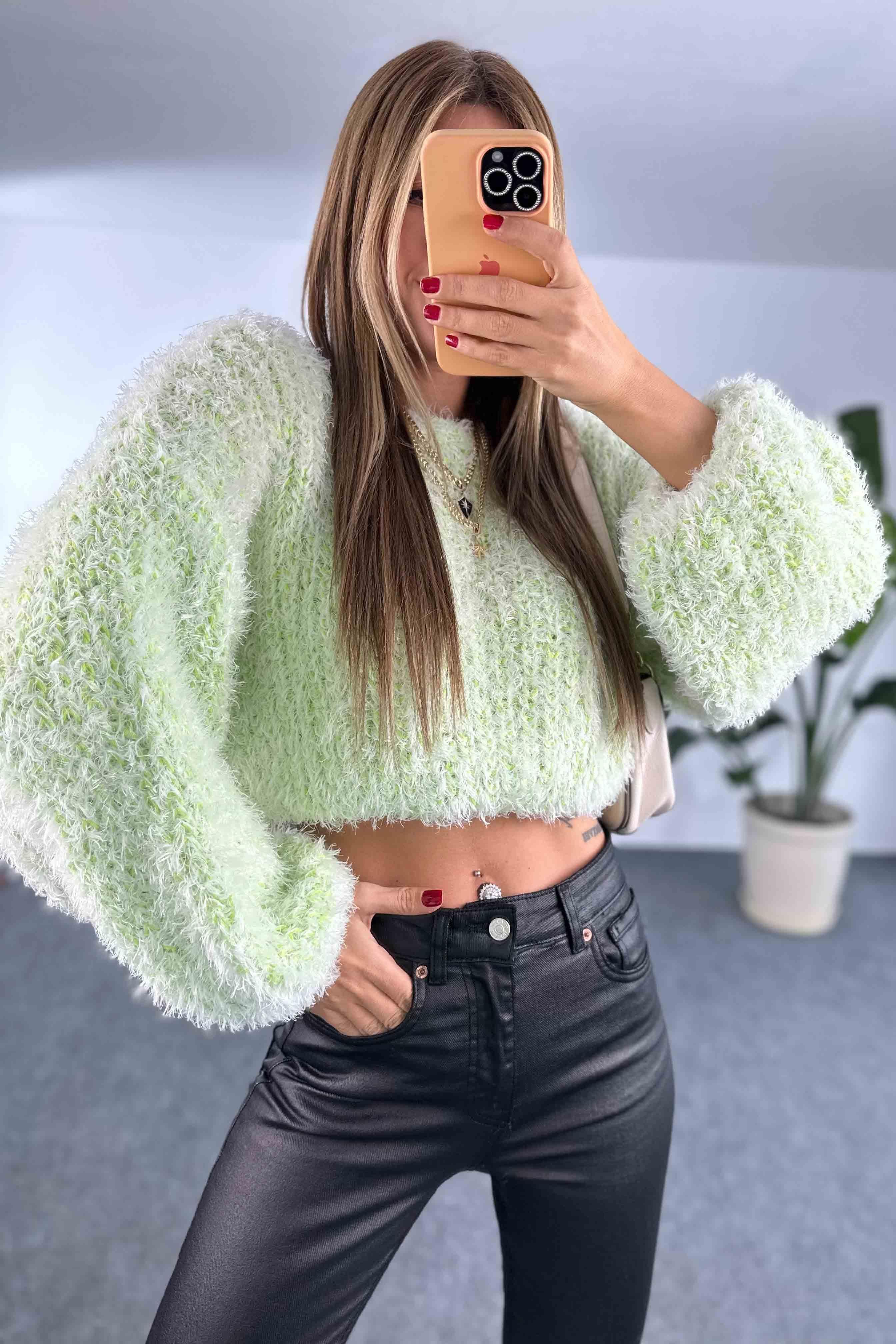 Salaş Tasarım Örme Crop Kazak Neon Yeşil