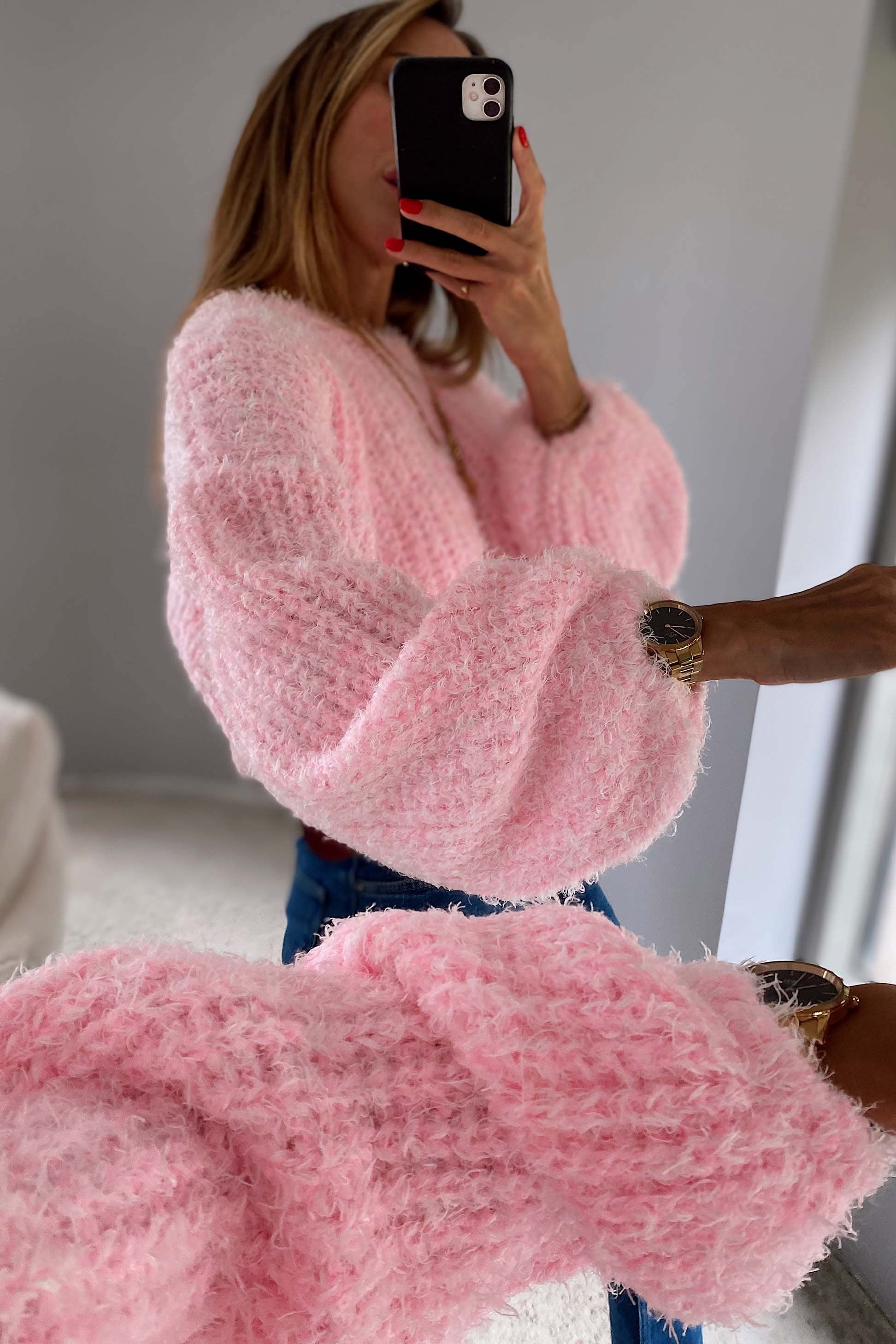 Salaş Tasarım Örme Crop Kazak Pembe