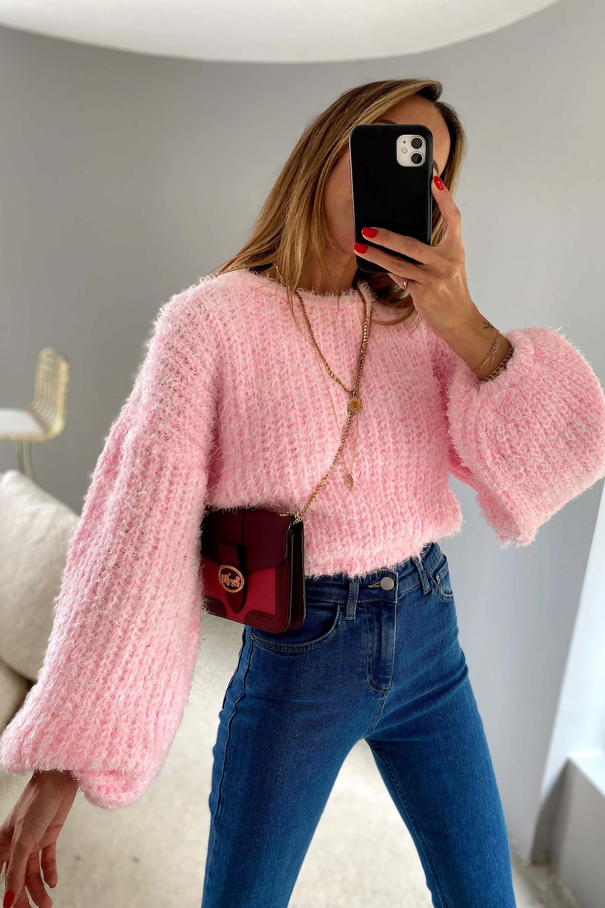 Salaş Tasarım Örme Crop Kazak Pembe