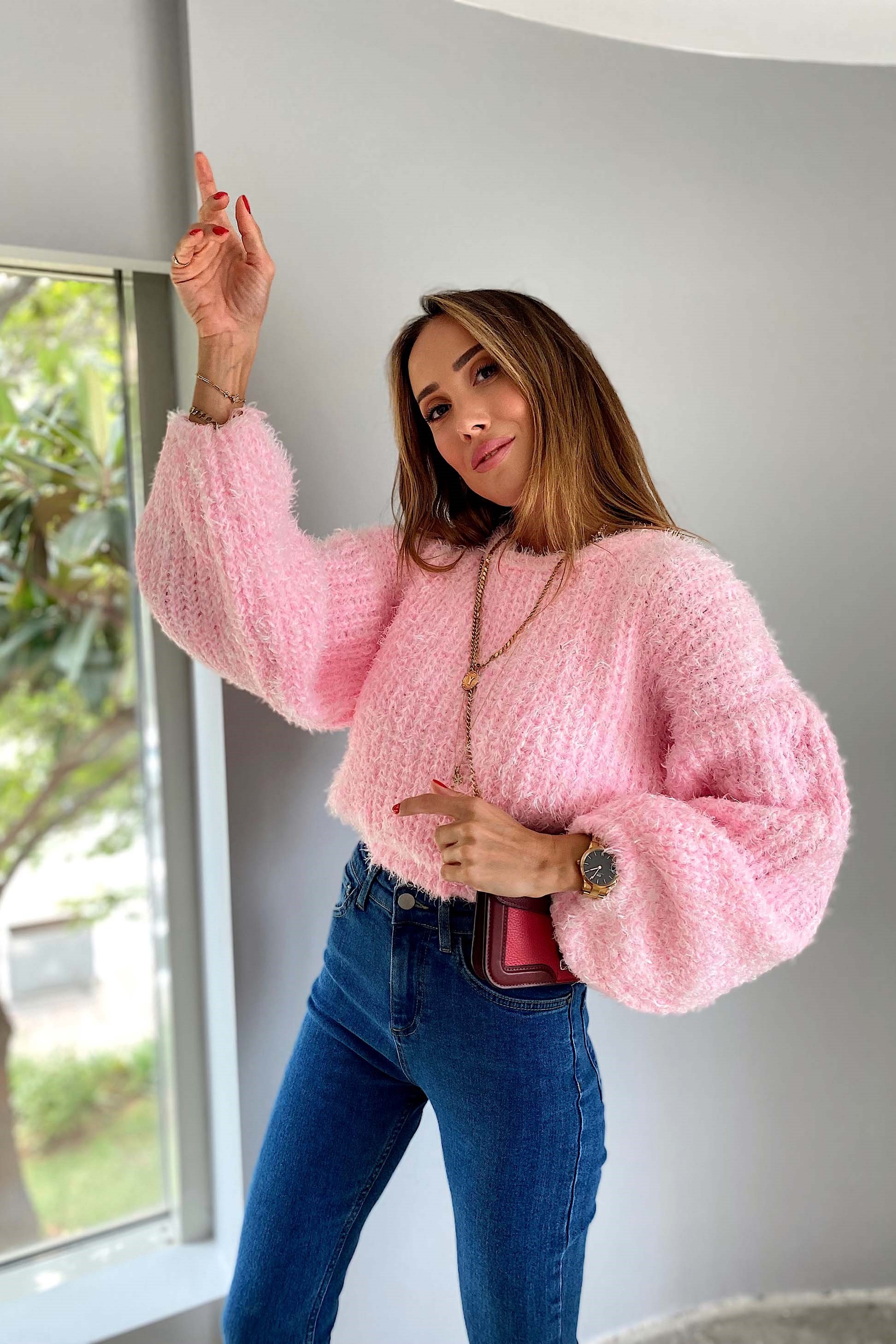 Salaş Tasarım Örme Crop Kazak Pembe