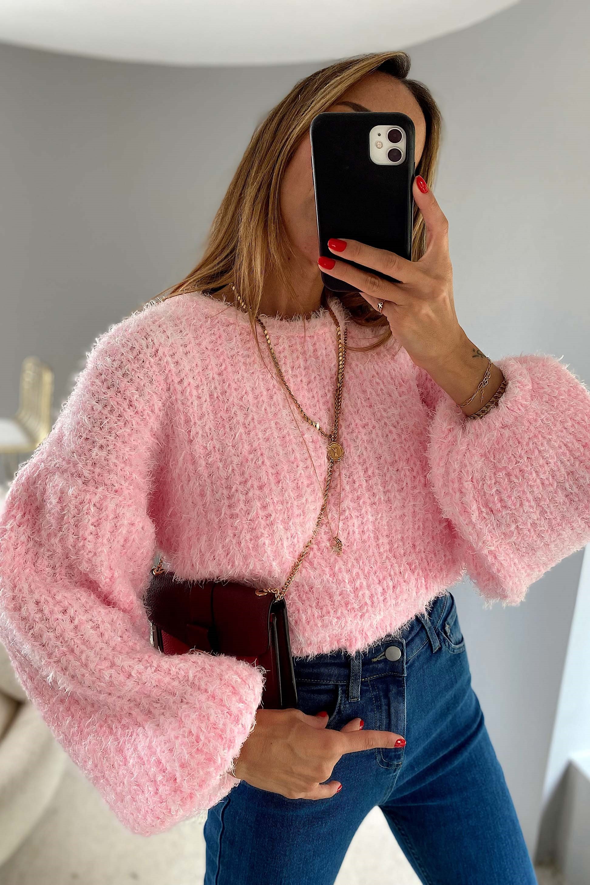 Salaş Tasarım Örme Crop Kazak Pembe