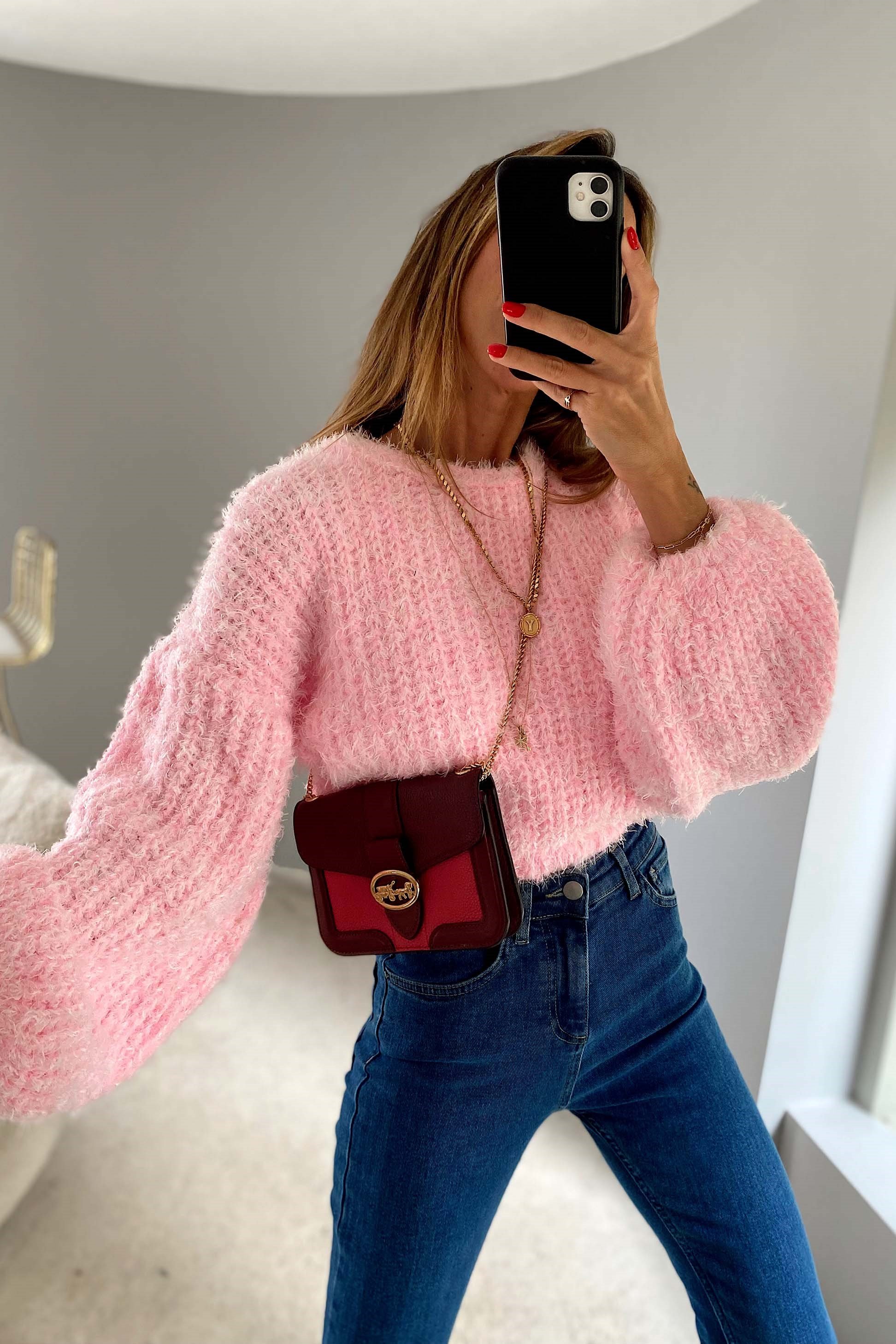 Salaş Tasarım Örme Crop Kazak Pembe