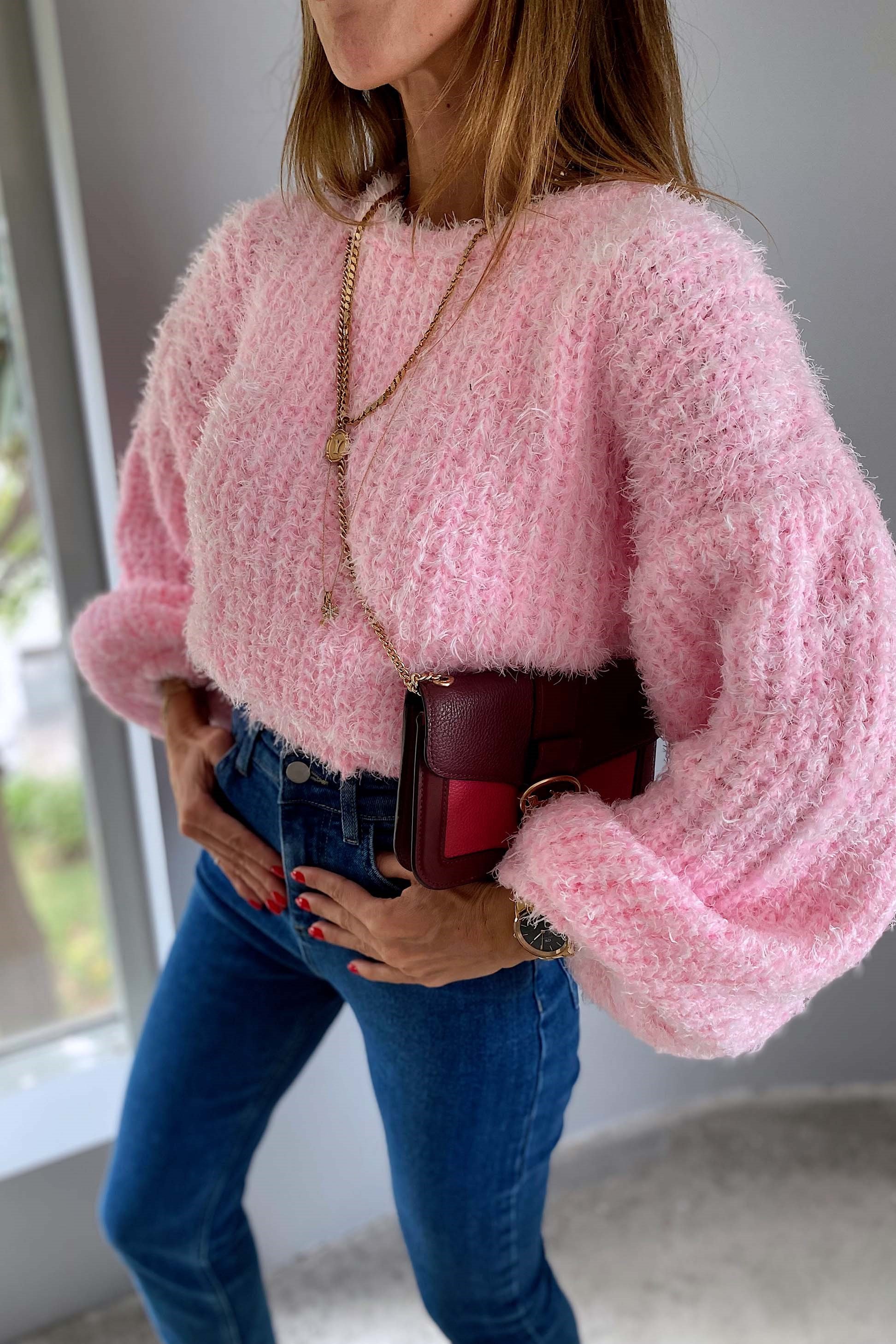 Salaş Tasarım Örme Crop Kazak Pembe