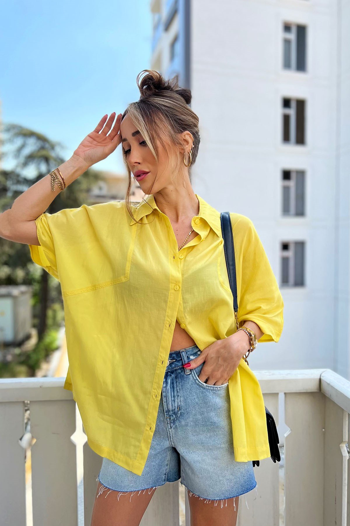Sarı Pembesi Oversize Gömlek
