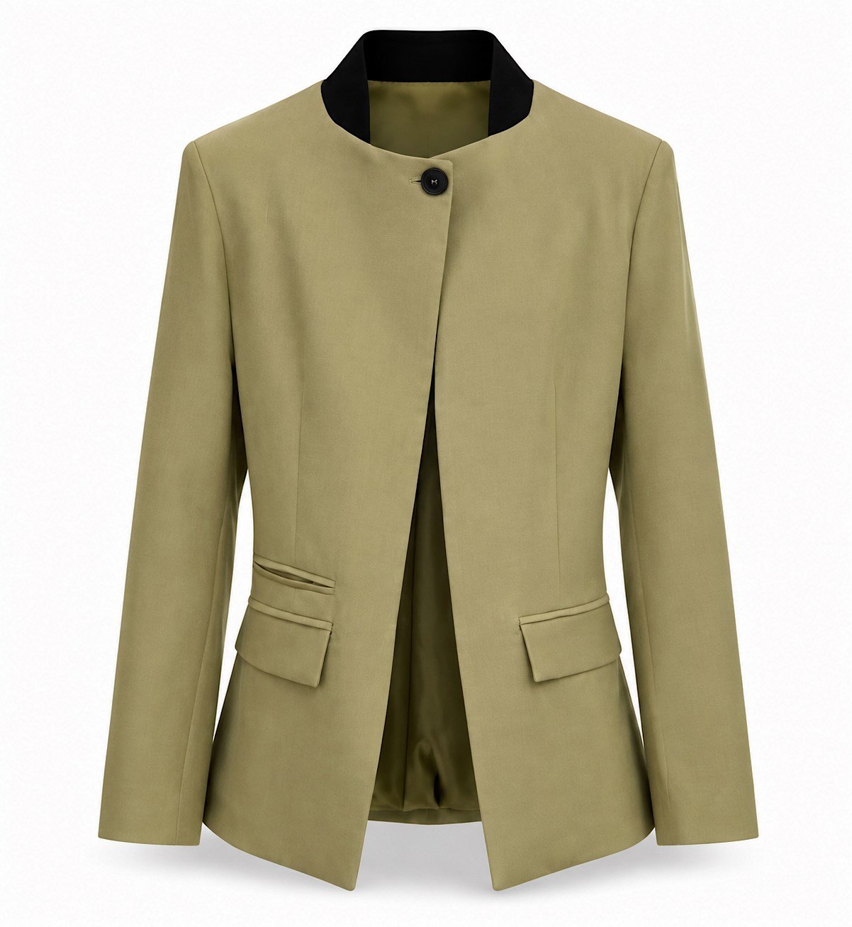 Saten Astarlı Dik Yaka Tek Düğme Tasarım Blazer Ceket Yağ Yeşili