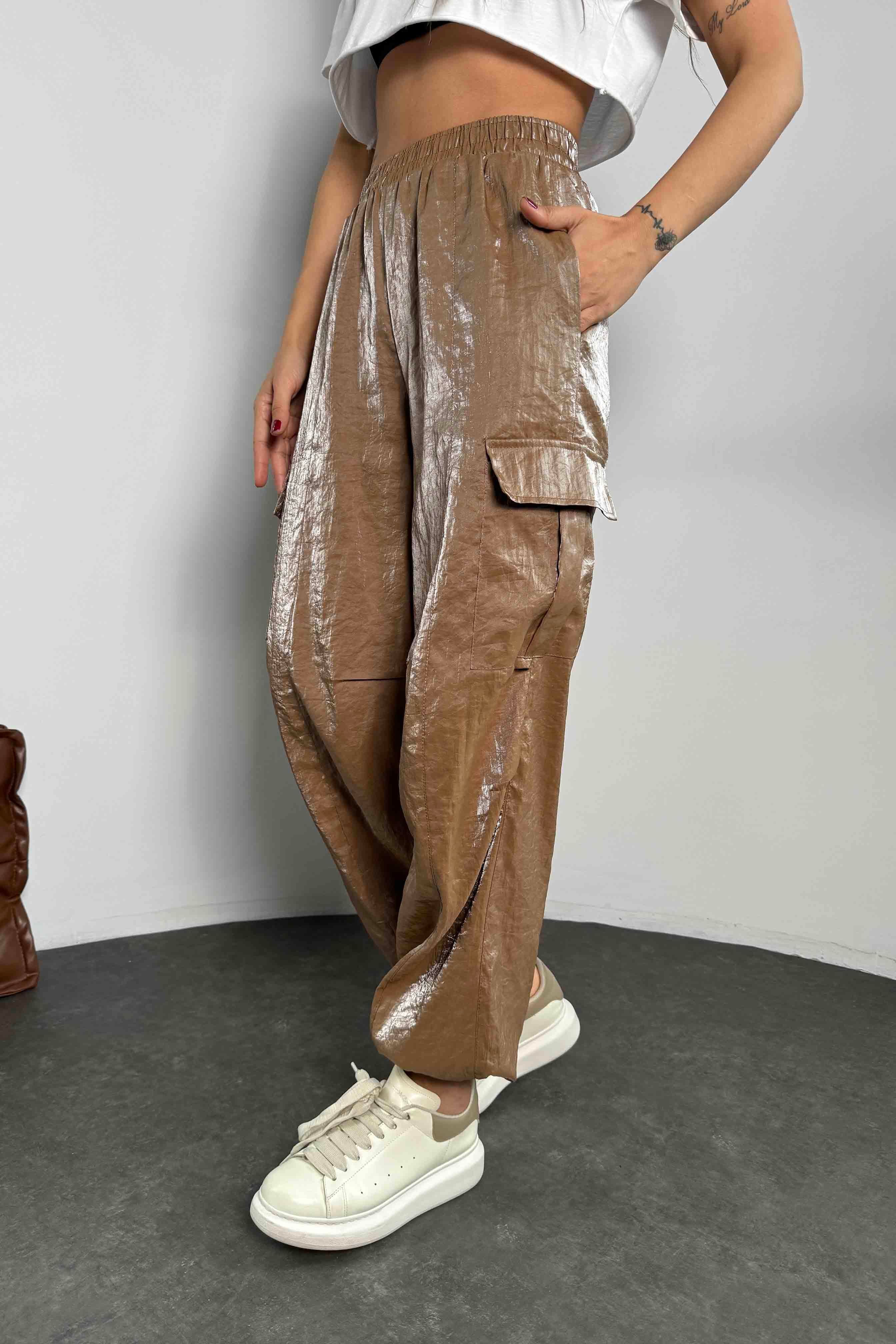 Saten Dokulu Kadın Kargo Pantolon Camel