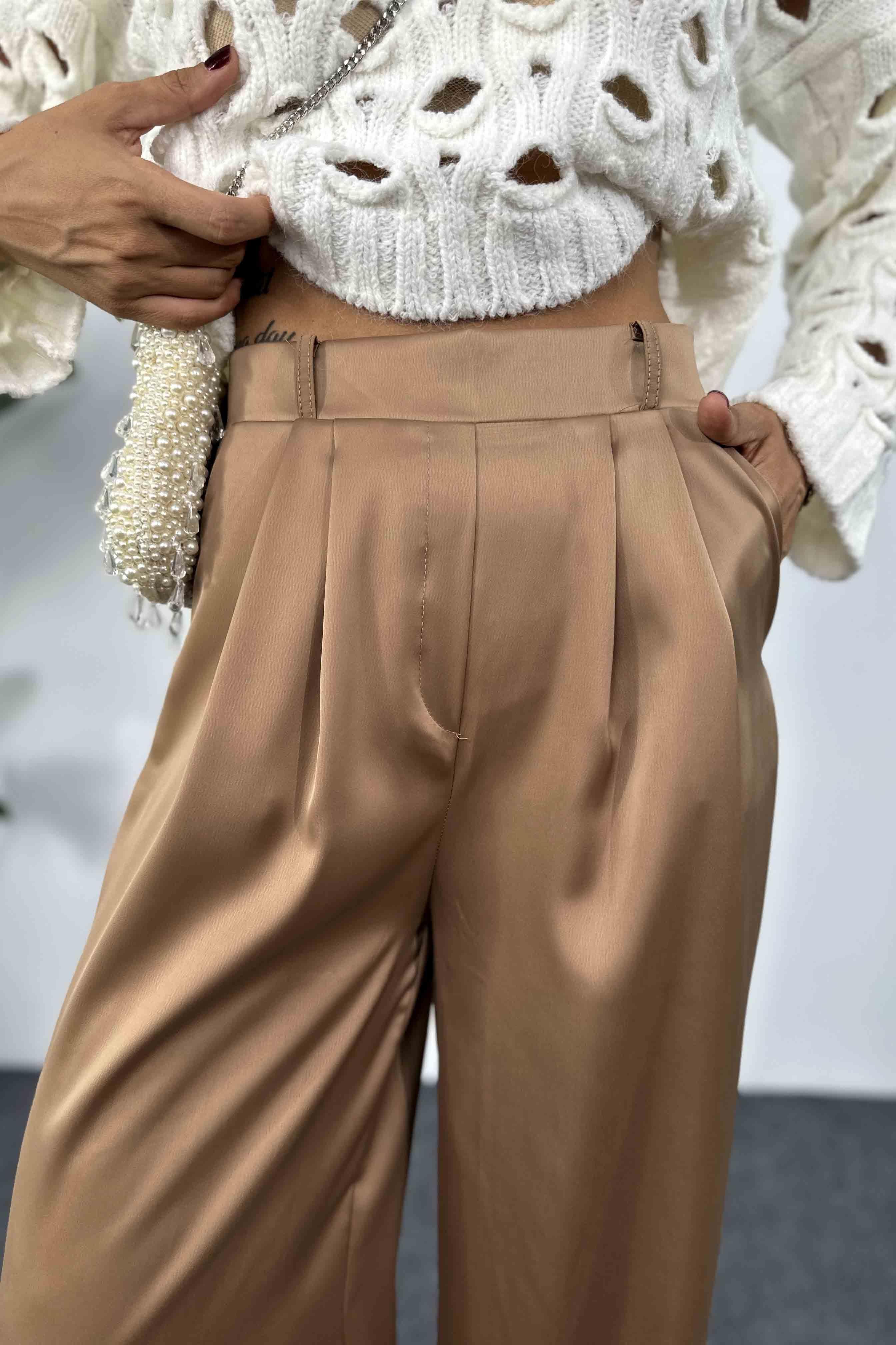 Saten Kumaş Beli Lastikli Palazzo Pantolon Camel