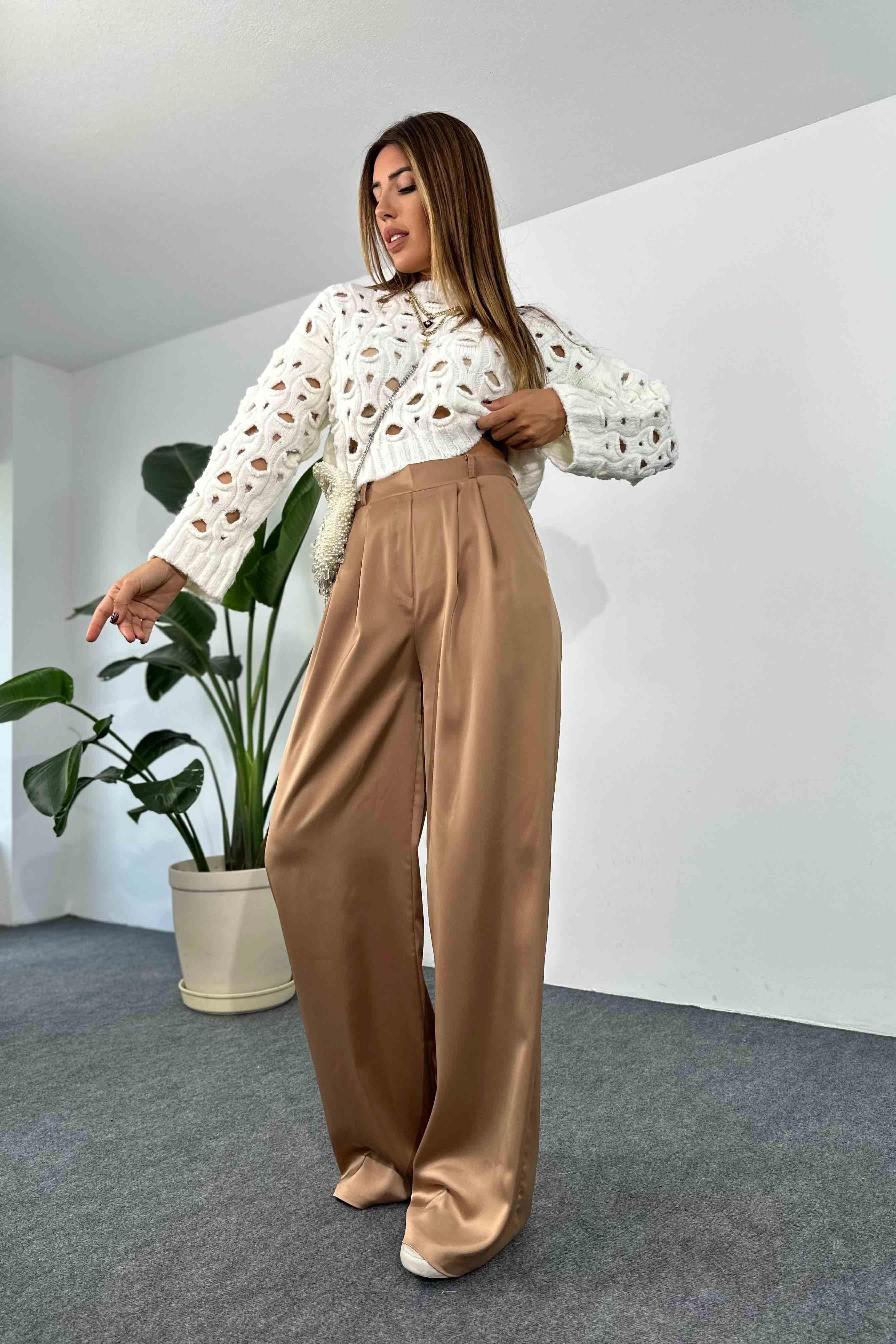 Saten Kumaş Beli Lastikli Palazzo Pantolon Camel