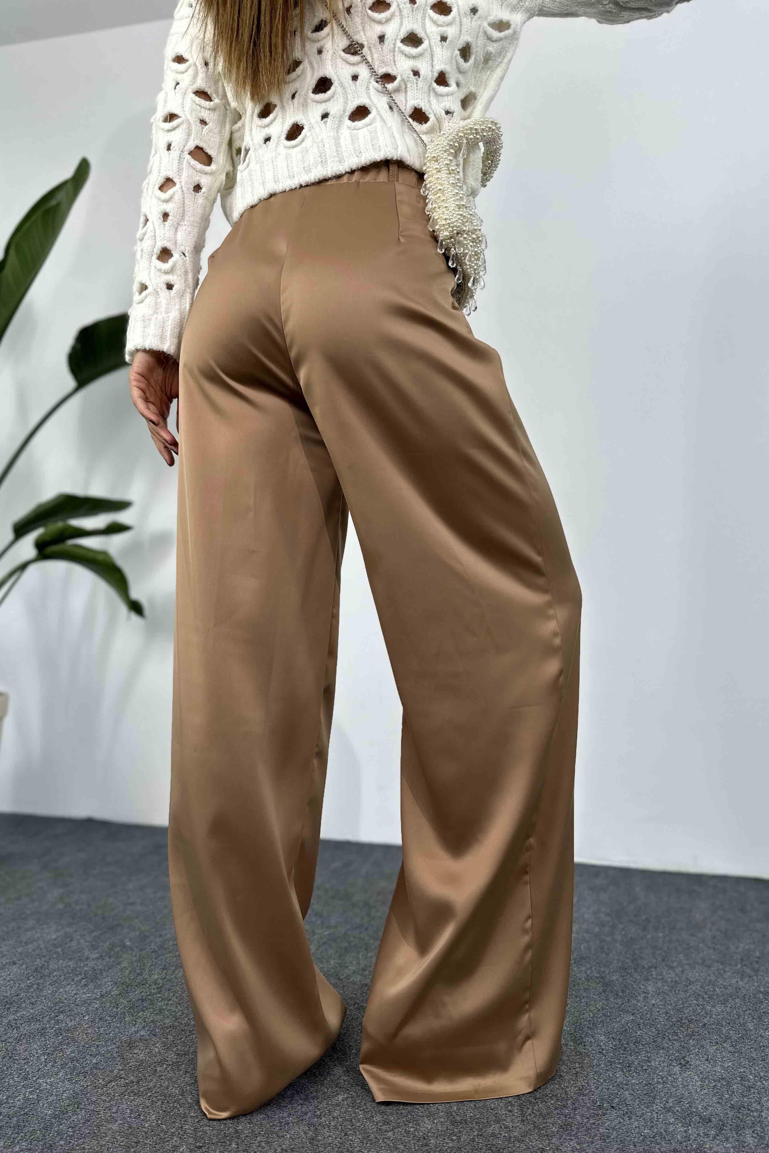 Saten Kumaş Beli Lastikli Palazzo Pantolon Camel