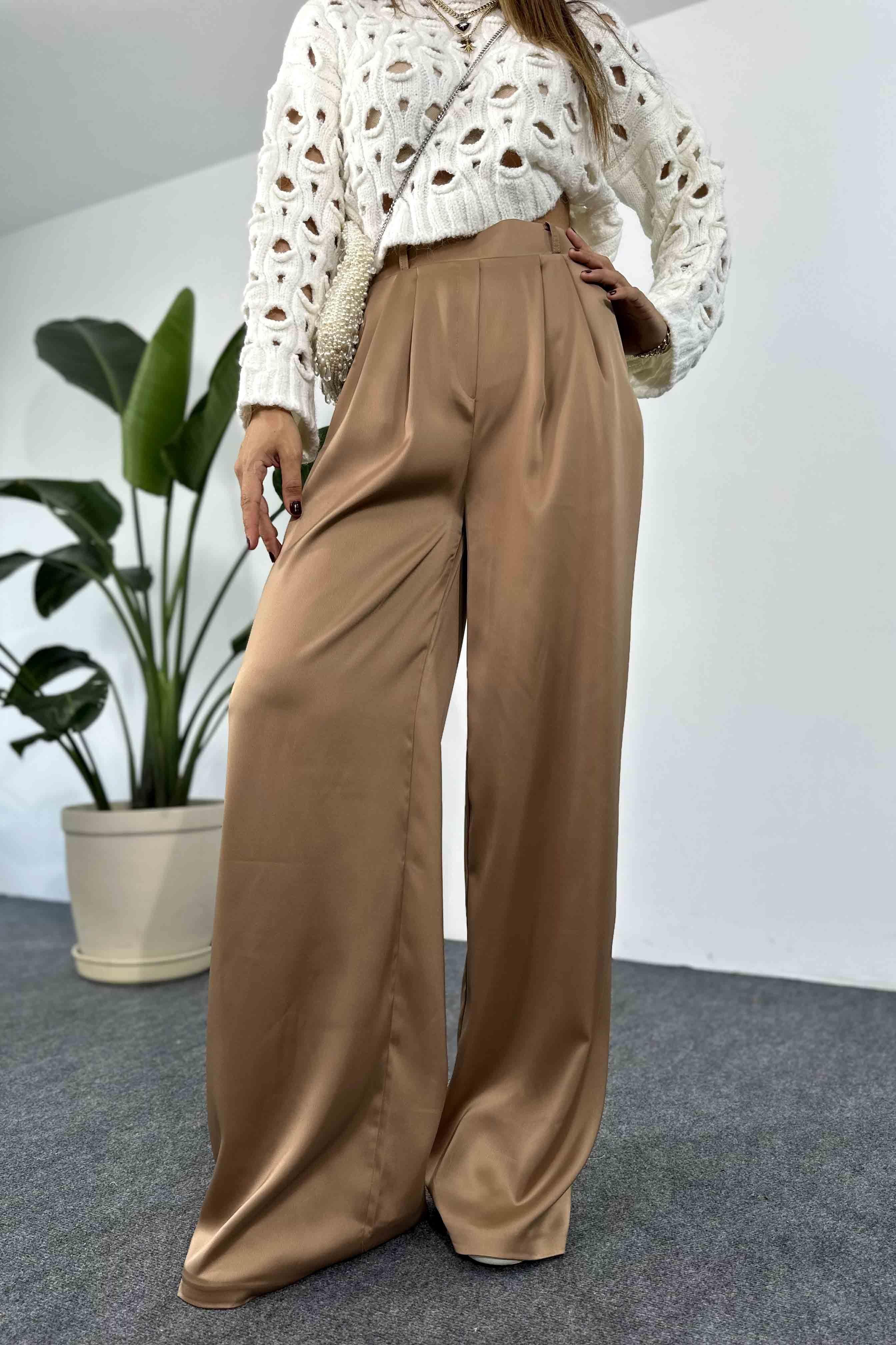 Saten Kumaş Beli Lastikli Palazzo Pantolon Camel