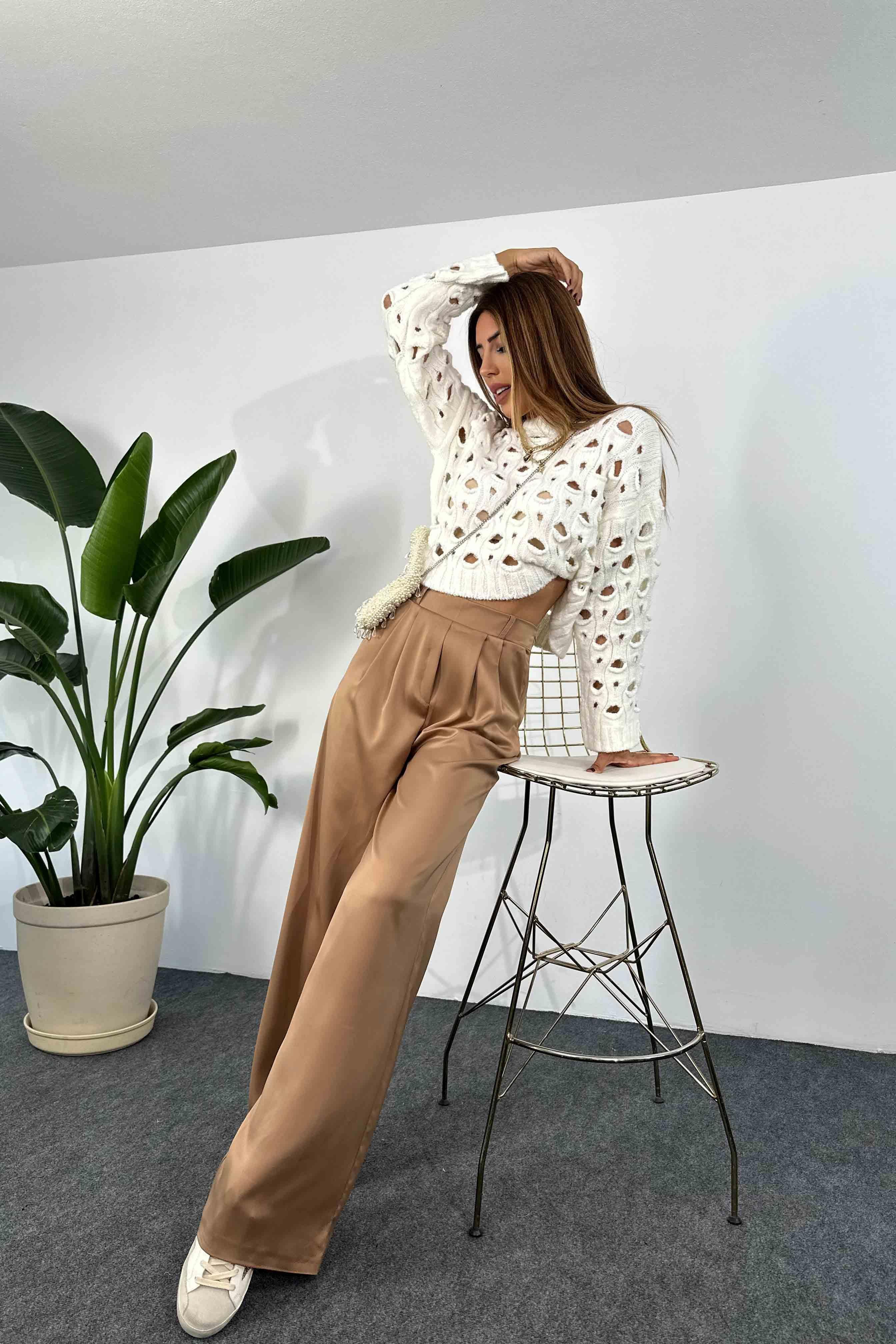 Saten Kumaş Beli Lastikli Palazzo Pantolon Camel