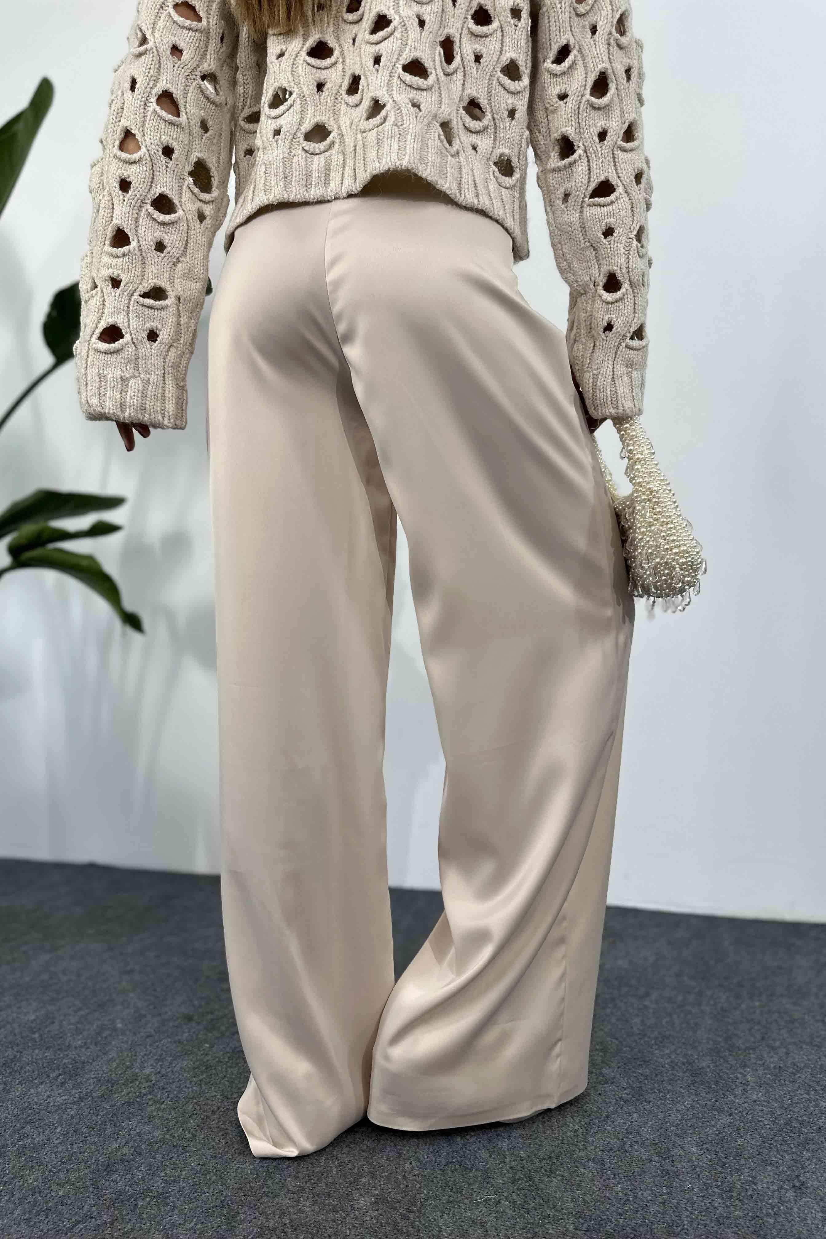 Saten Kumaş Beli Lastikli Palazzo Pantolon Bej