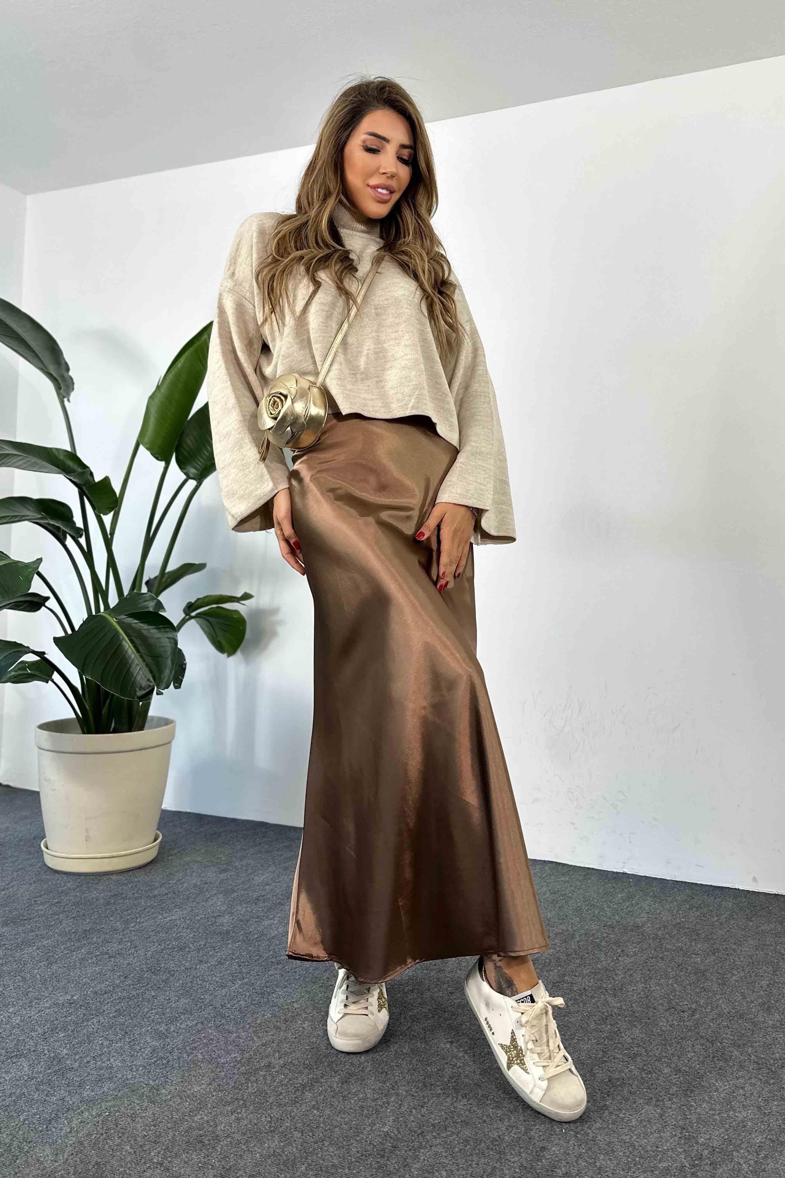 Saten Kumaş Beli Lastikli Uzun Etek Camel