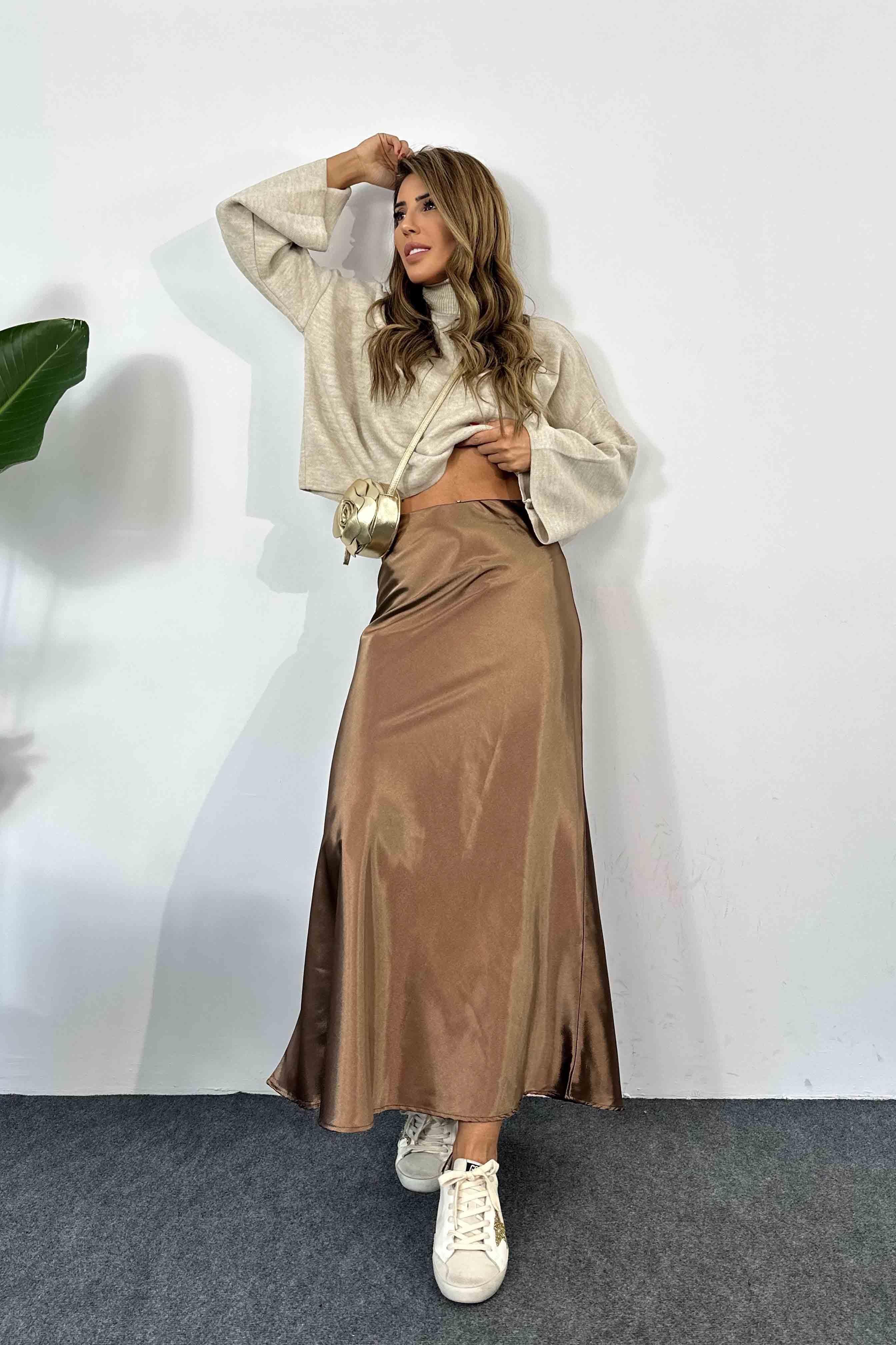 Saten Kumaş Beli Lastikli Uzun Etek Camel