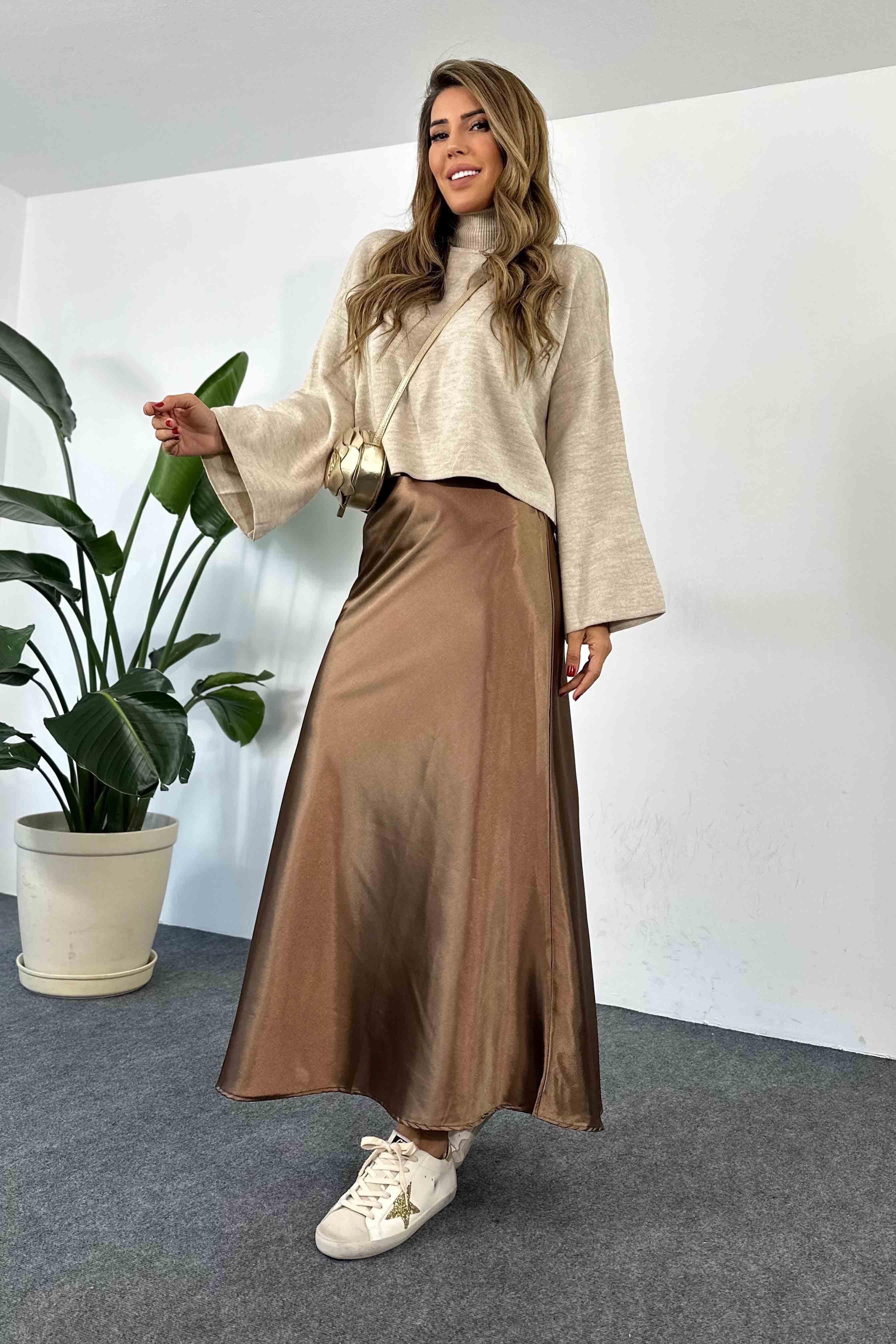 Saten Kumaş Beli Lastikli Uzun Etek Camel