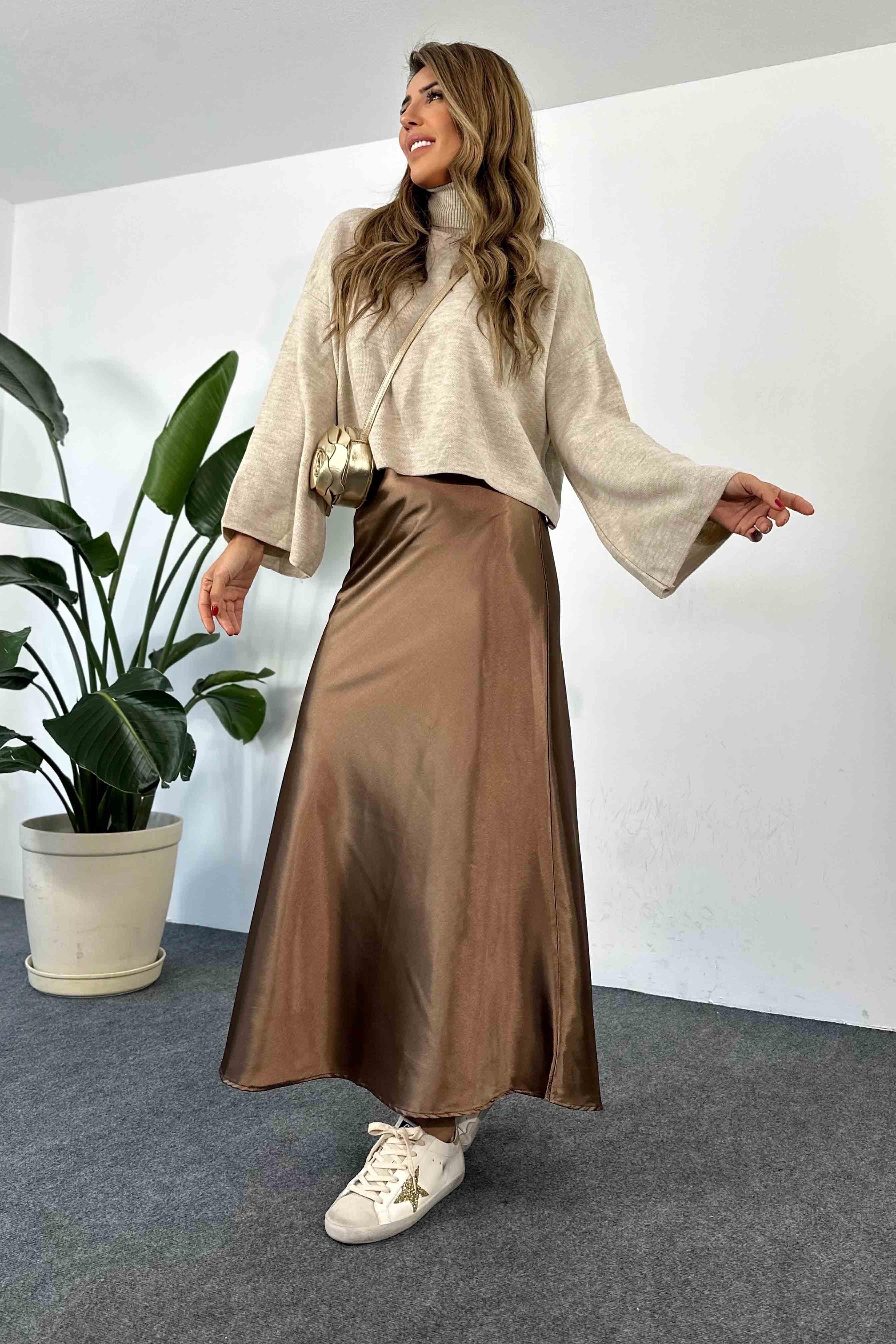 Saten Kumaş Beli Lastikli Uzun Etek Camel