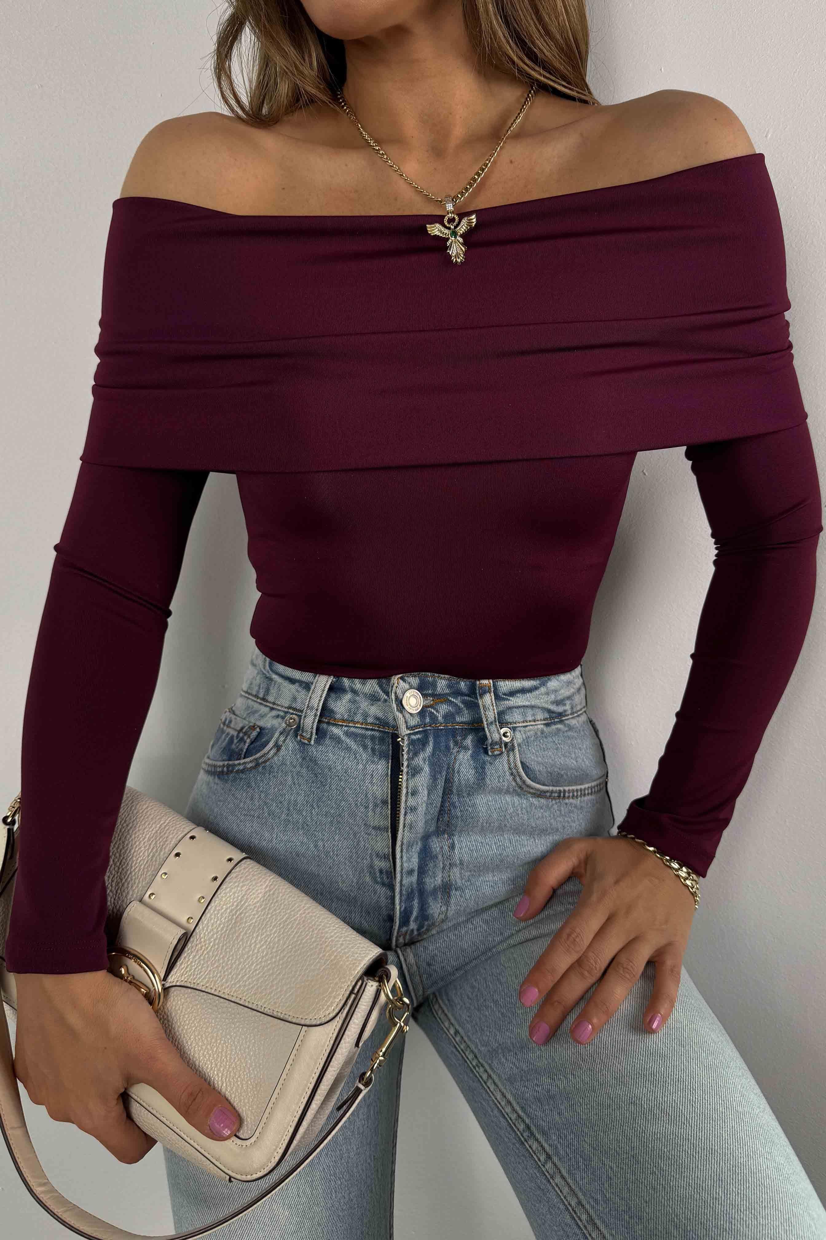 Scuba Kumaş Madonna Yaka Bodysuit Mürdüm