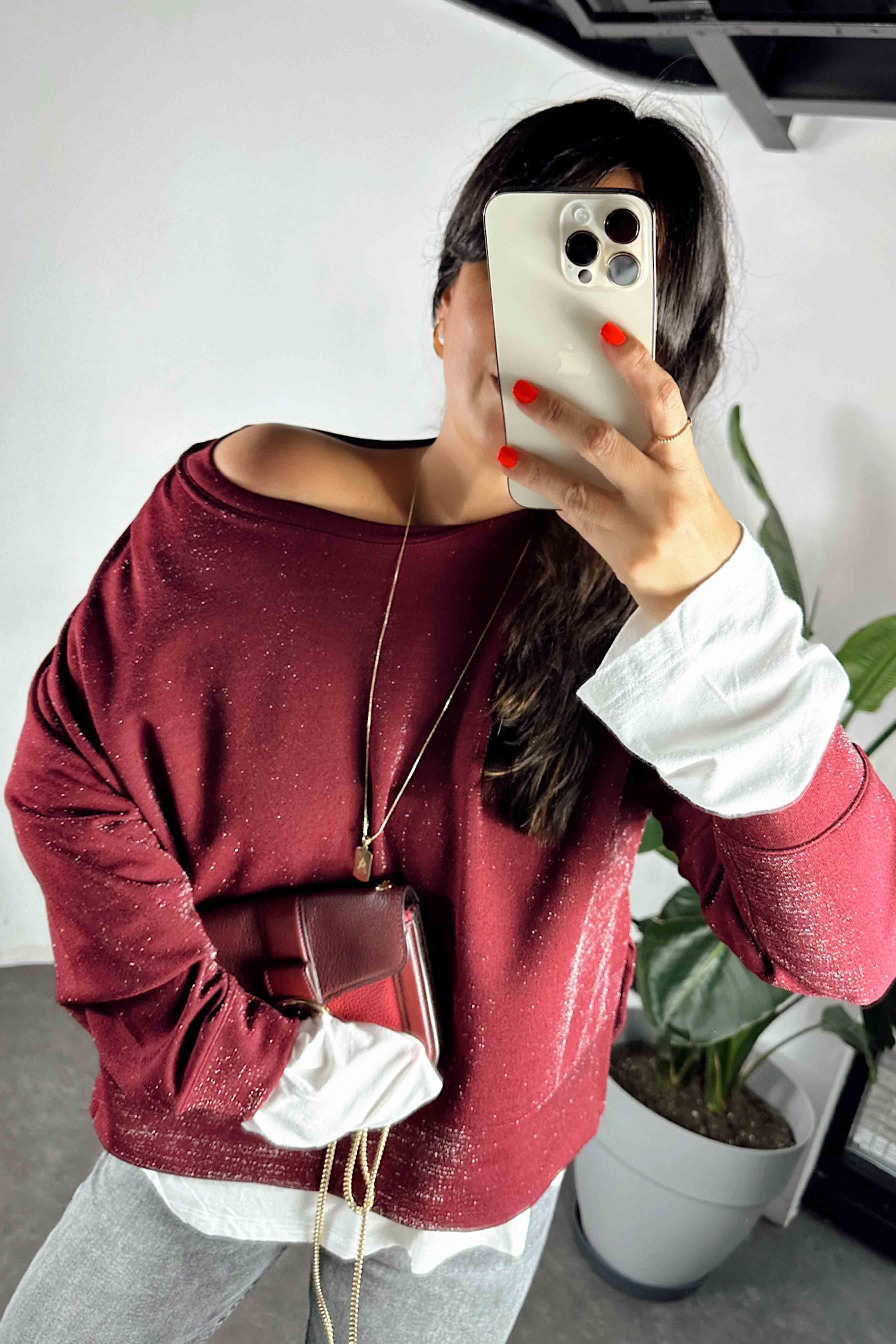 Scuba Kumaş Sim Detaylı Kadın Bluz Bordo