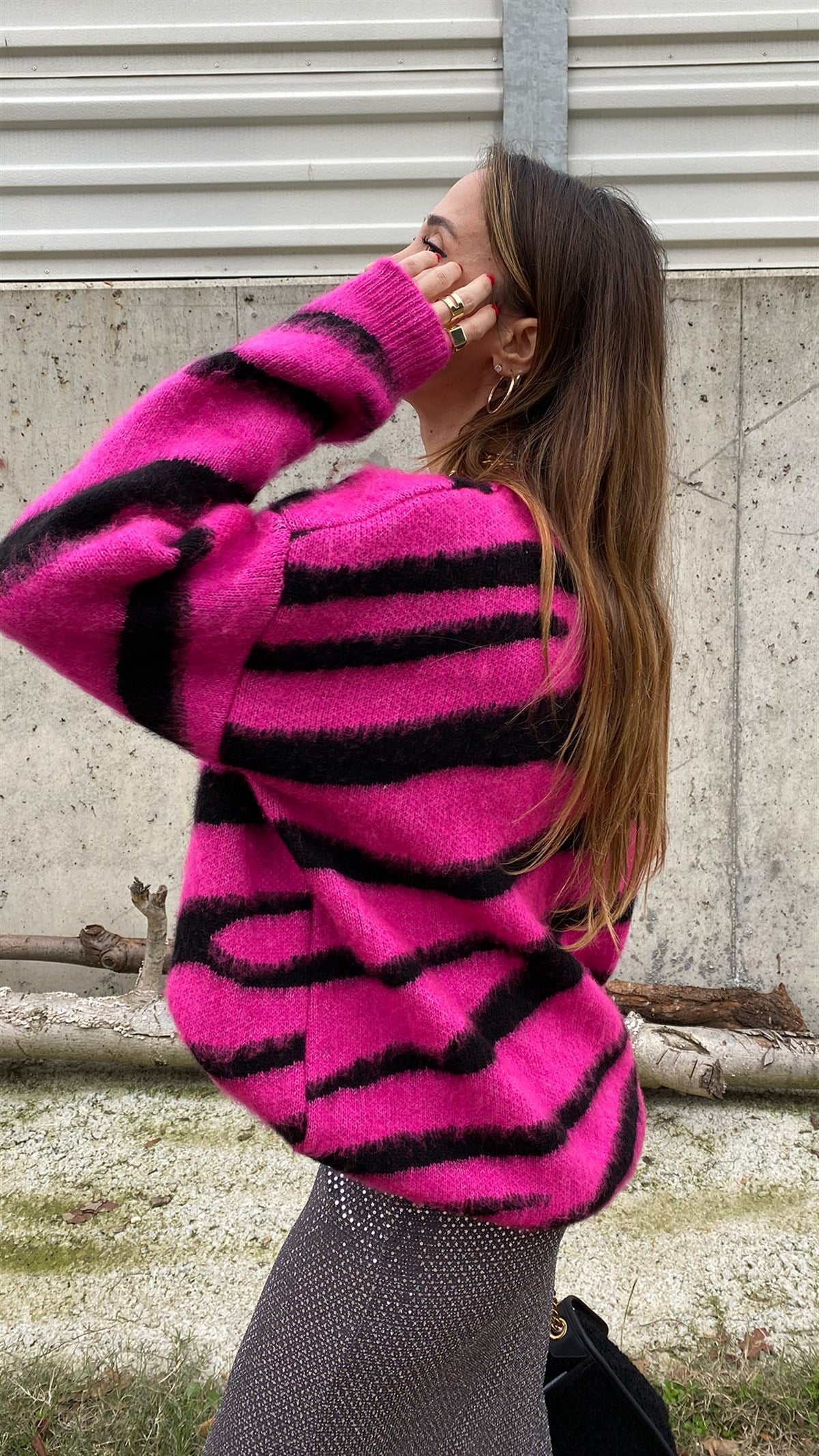 Şeker Pembe Siyah Zebra Desen Yumuş Tasarım Kazak
