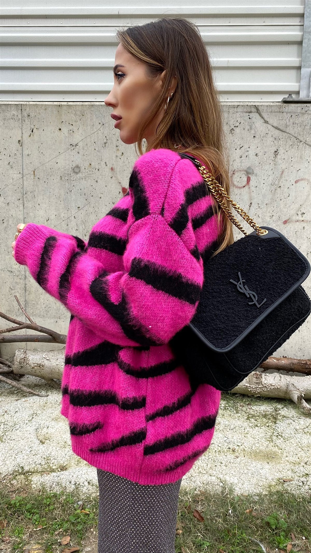 Şeker Pembe Siyah Zebra Desen Yumuş Tasarım Kazak