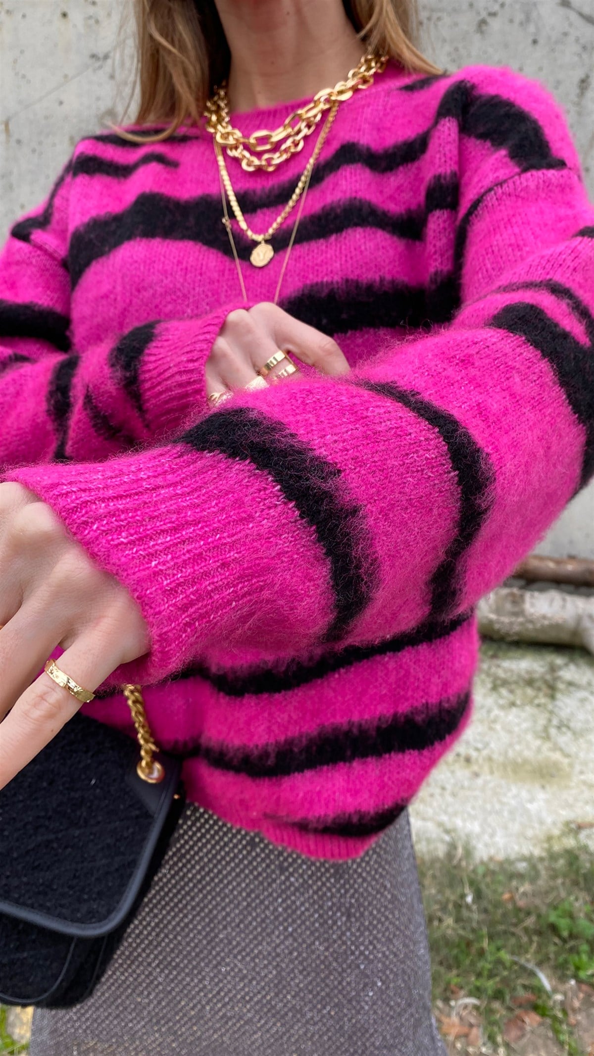 Şeker Pembe Siyah Zebra Desen Yumuş Tasarım Kazak