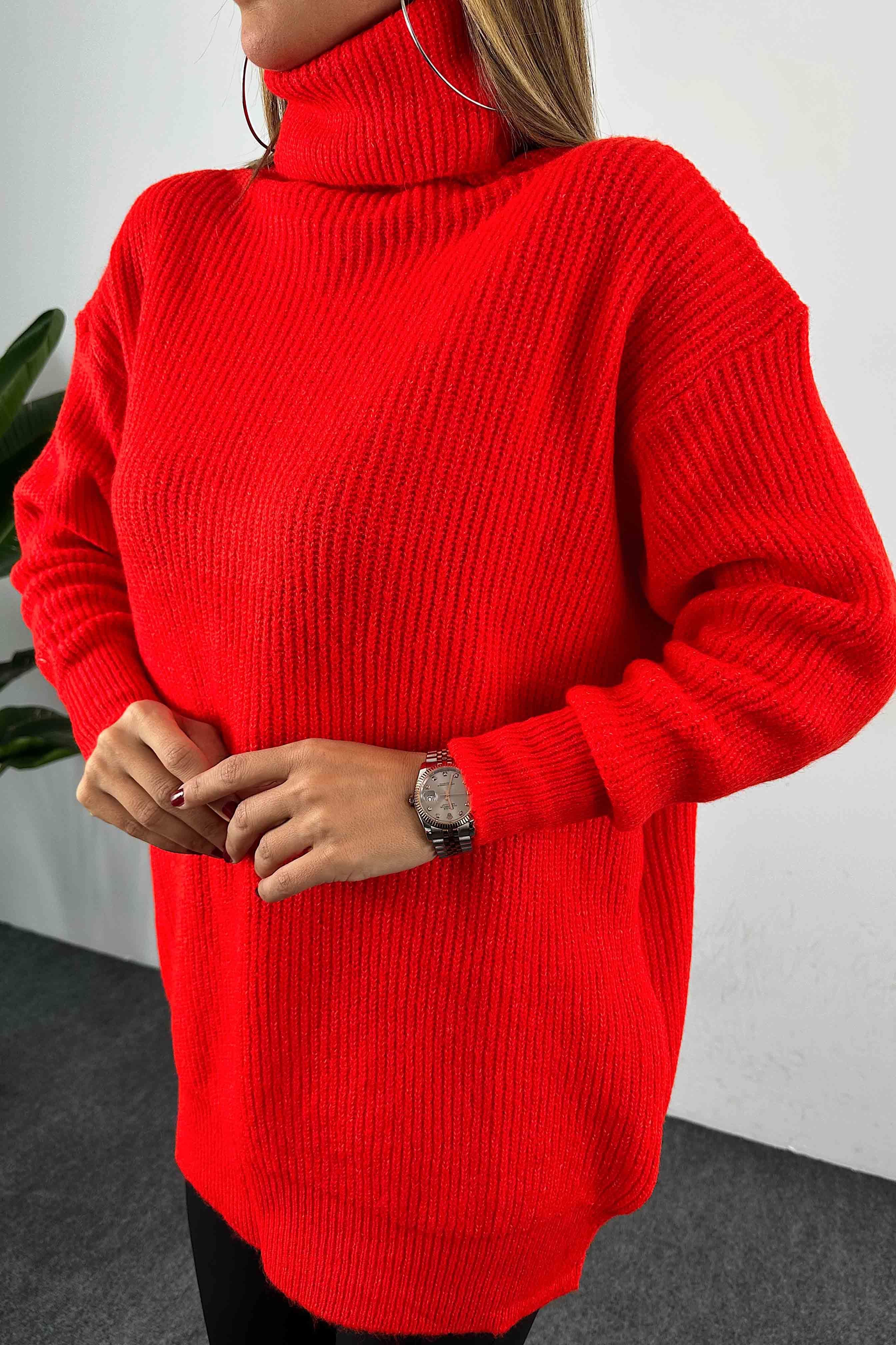 Selanik Örme Oversize Balıkçı Yaka Kazak Kırmızı