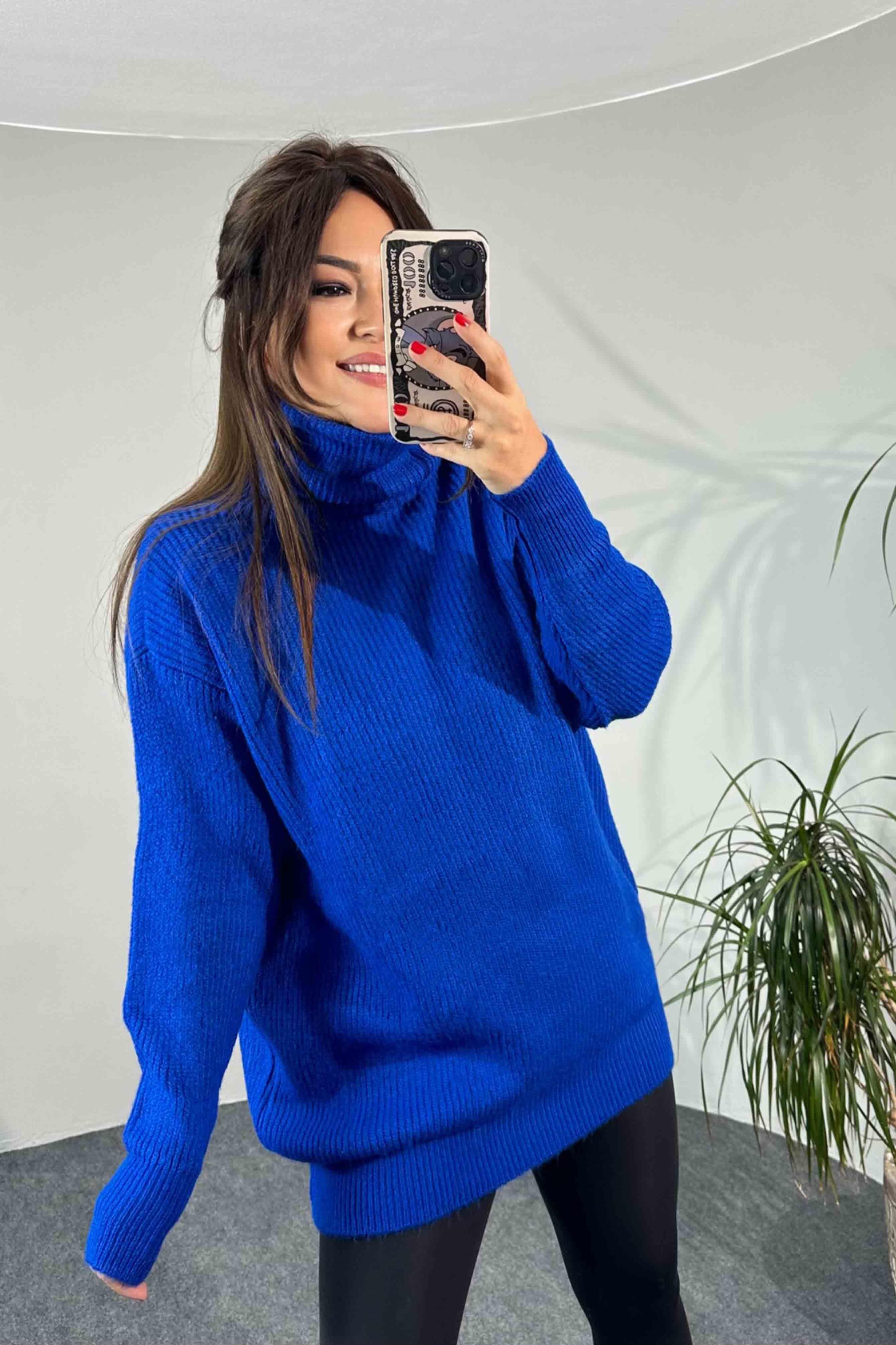 Selanik Örme Oversize Balıkçı Yaka Kazak Saks