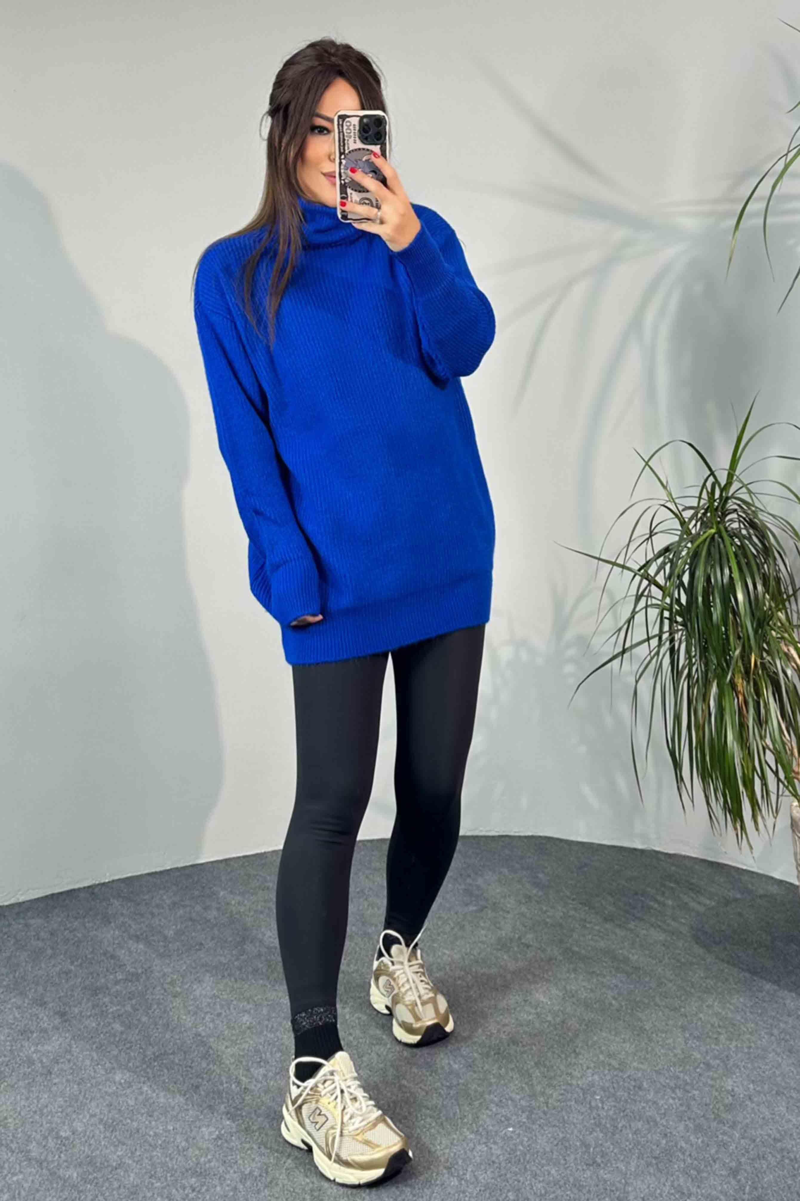 Selanik Örme Oversize Balıkçı Yaka Kazak Saks