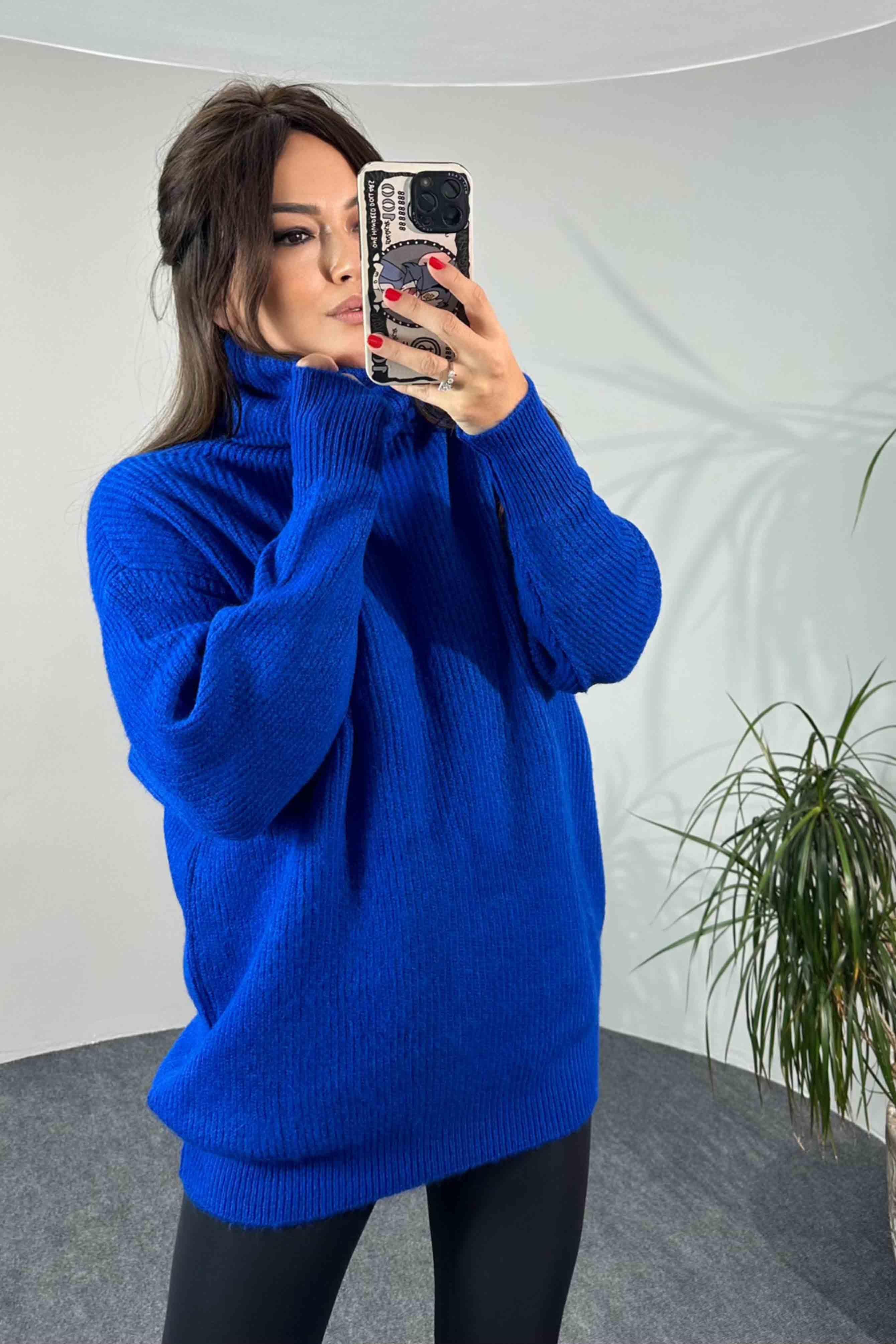 Selanik Örme Oversize Balıkçı Yaka Kazak Saks