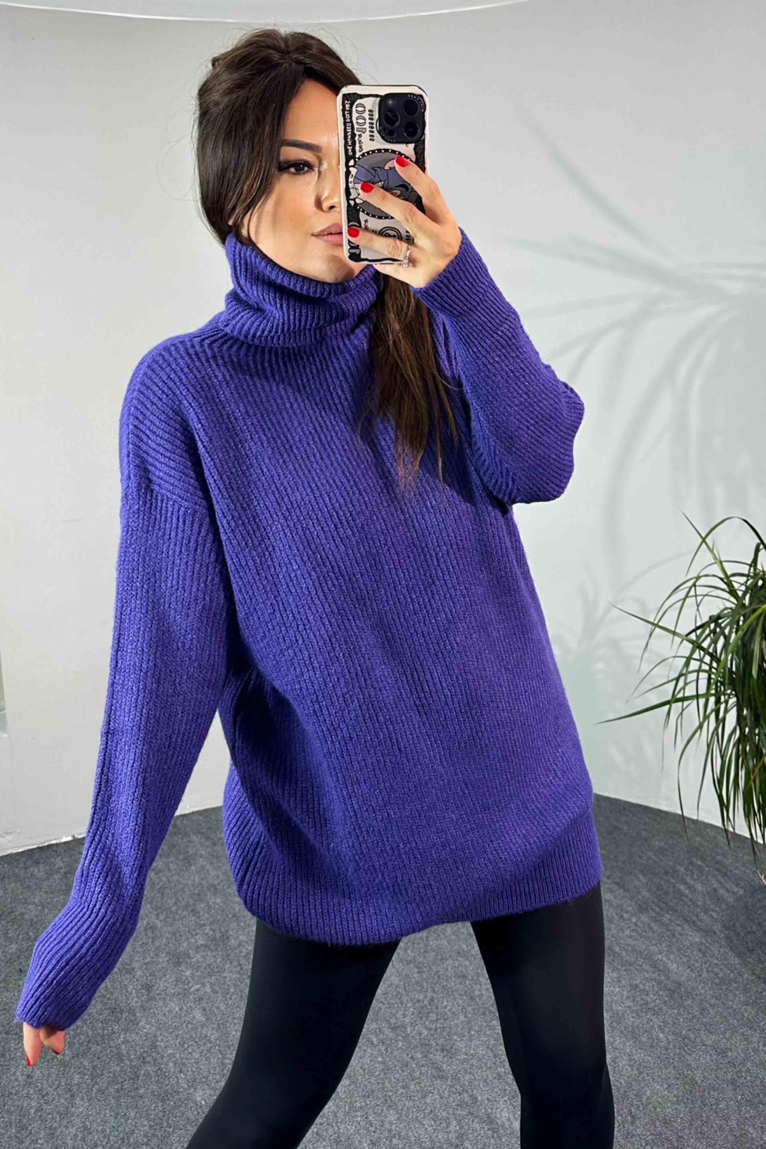 Selanik Örme Oversize Balıkçı Yaka Kazak Mor